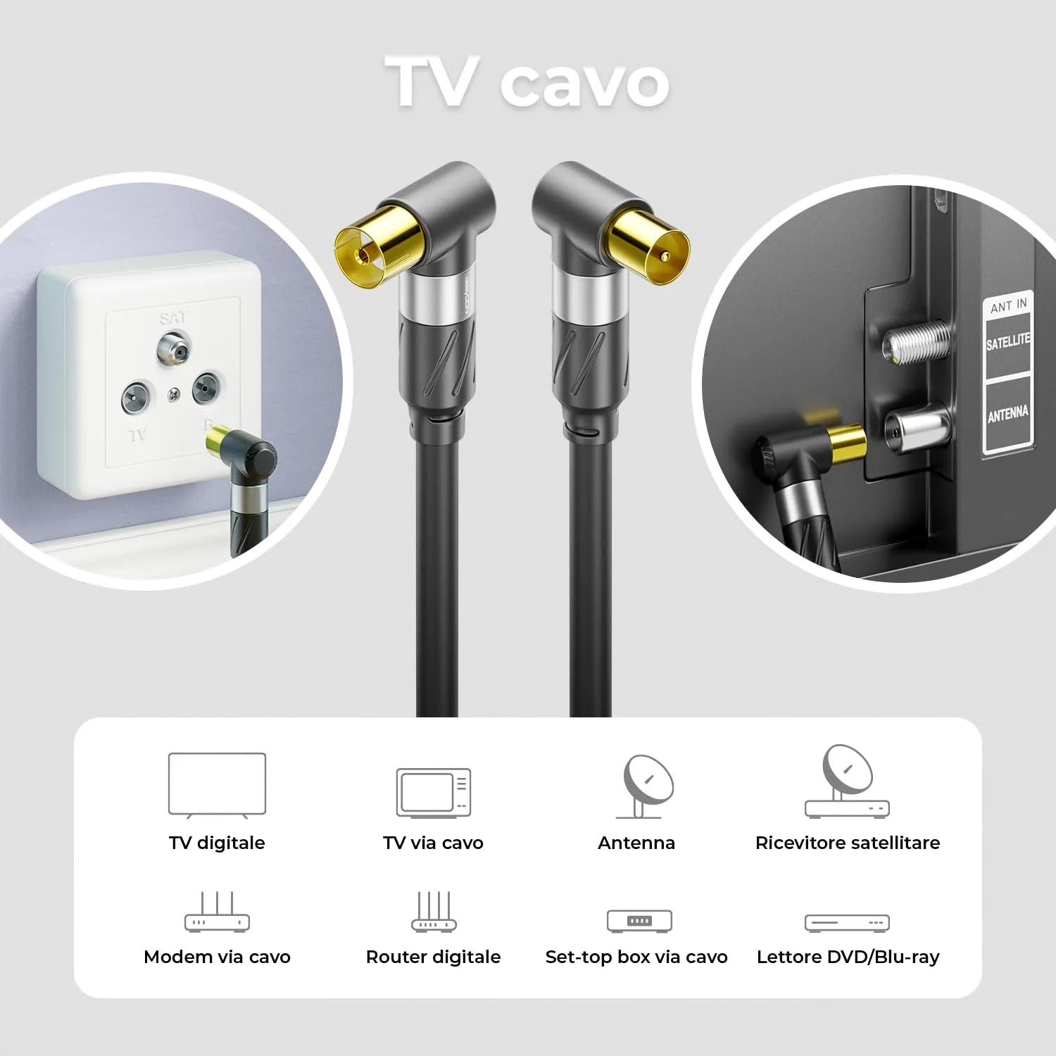 deleyCON 5m 4K Cavo Antenna TV 2x Angolato - Cavo Coassiale IEC - Nero - immagine 6