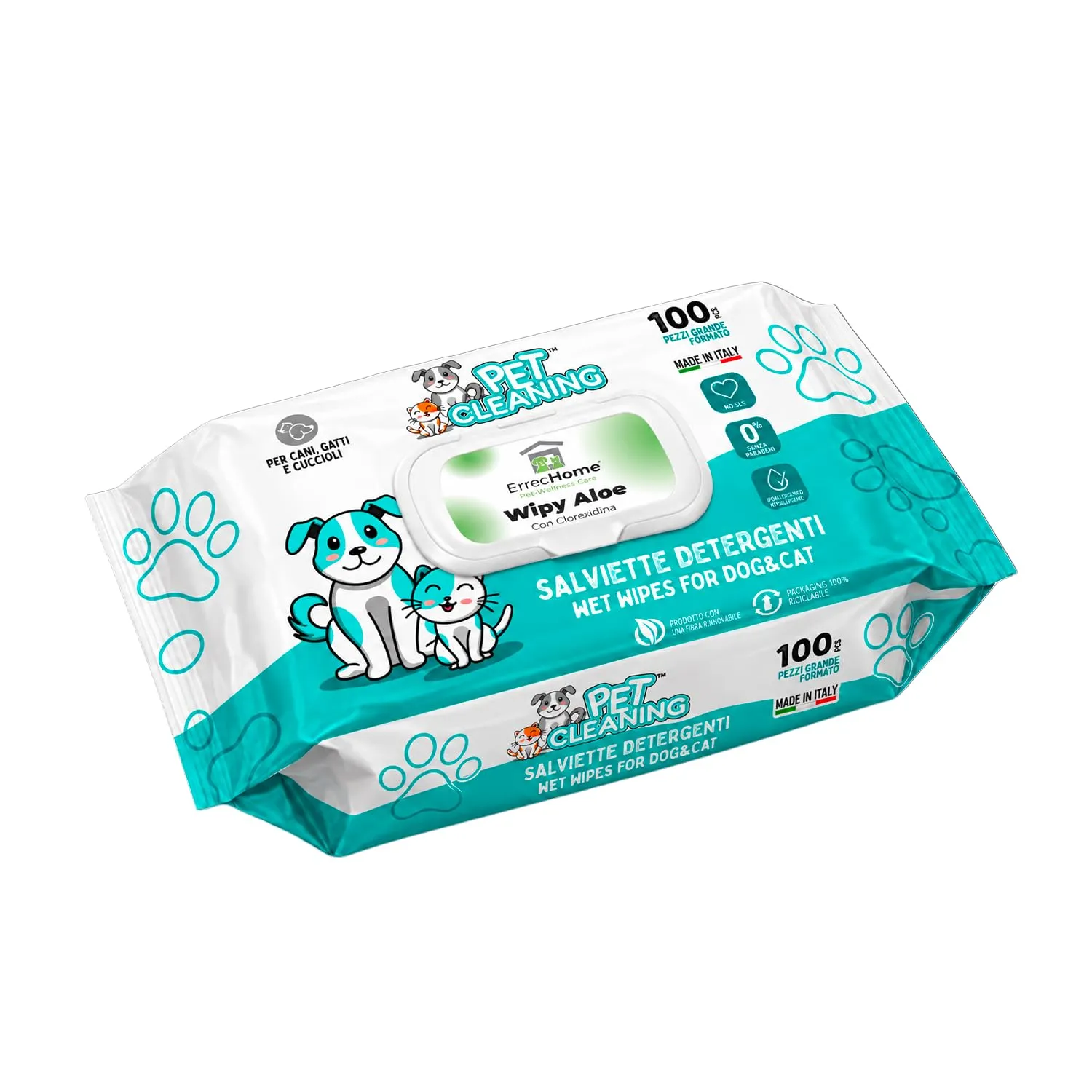 ERRECHOME Wipy Salviettine Detergenti Cani Gatti, Clorexidina,100pz,30x15cm - immagine 1