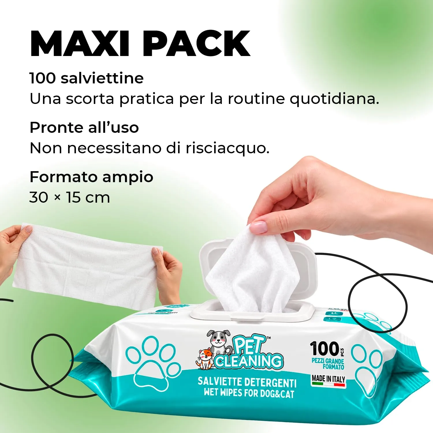 ERRECHOME Wipy Salviettine Detergenti Cani Gatti, Clorexidina,100pz,30x15cm - immagine 4