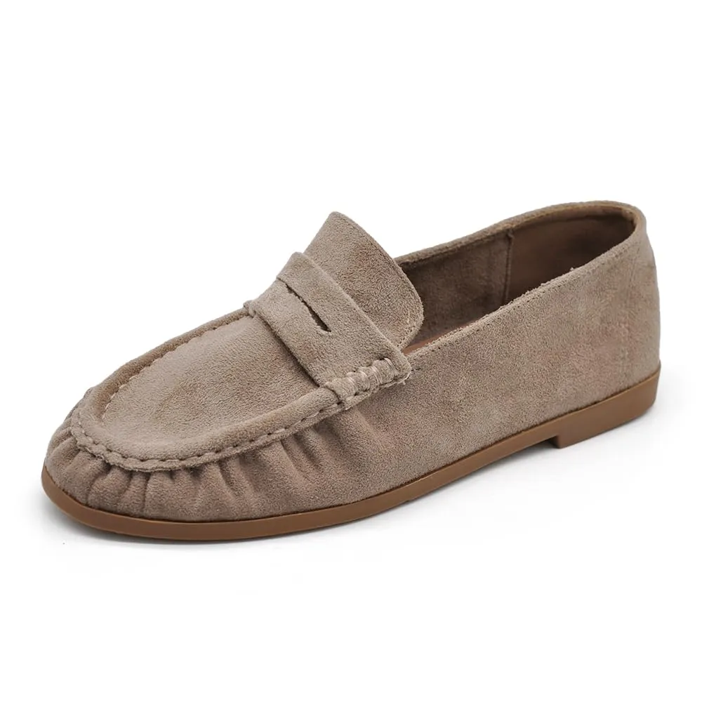 Mocassini Donna Morbidi Scamosciati, Penny Loafer con Bordo Arricciato, Scarpe Basse Comode Casual H178 Khaki N.36 - immagine 1