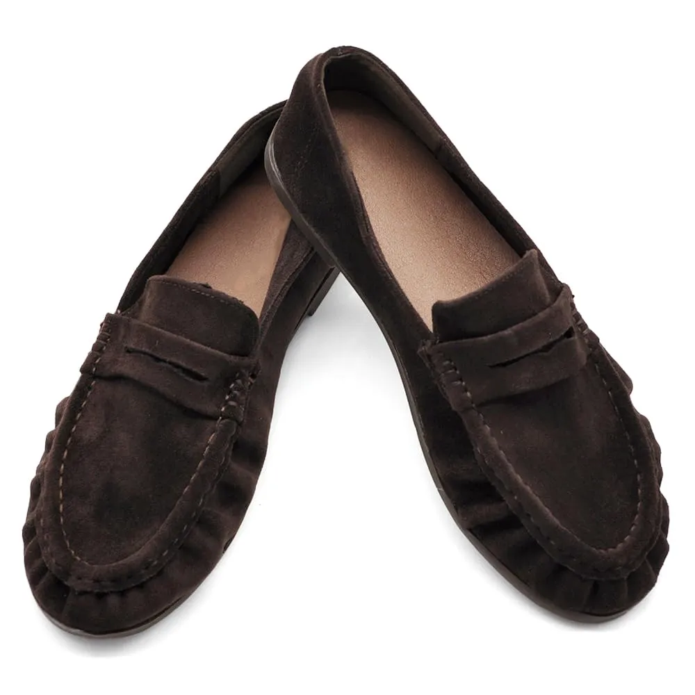 Mocassini Donna Morbidi Scamosciati, Penny Loafer con Bordo Arricciato, Scarpe Basse Comode Casual H178 Marrone N.40 - immagine 3
