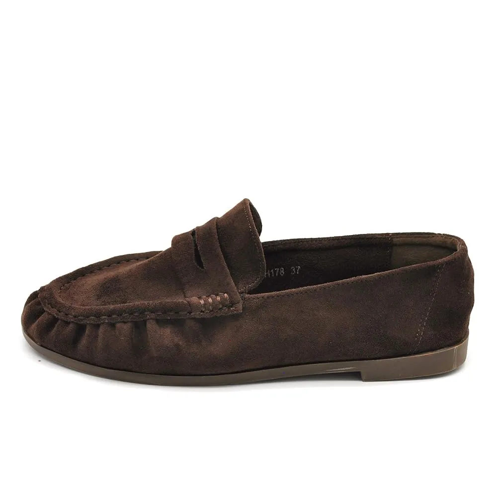 Mocassini Donna Morbidi Scamosciati, Penny Loafer con Bordo Arricciato, Scarpe Basse Comode Casual H178 Marrone N.40 - immagine 4