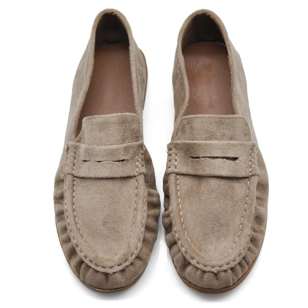 Mocassini Donna Morbidi Scamosciati, Penny Loafer con Bordo Arricciato, Scarpe Basse Comode Casual H178 Khaki N.37 - immagine 2