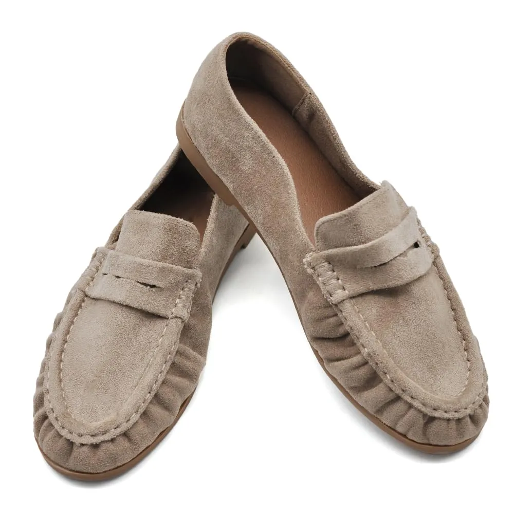 Mocassini Donna Morbidi Scamosciati, Penny Loafer con Bordo Arricciato, Scarpe Basse Comode Casual H178 Khaki N.37 - immagine 3