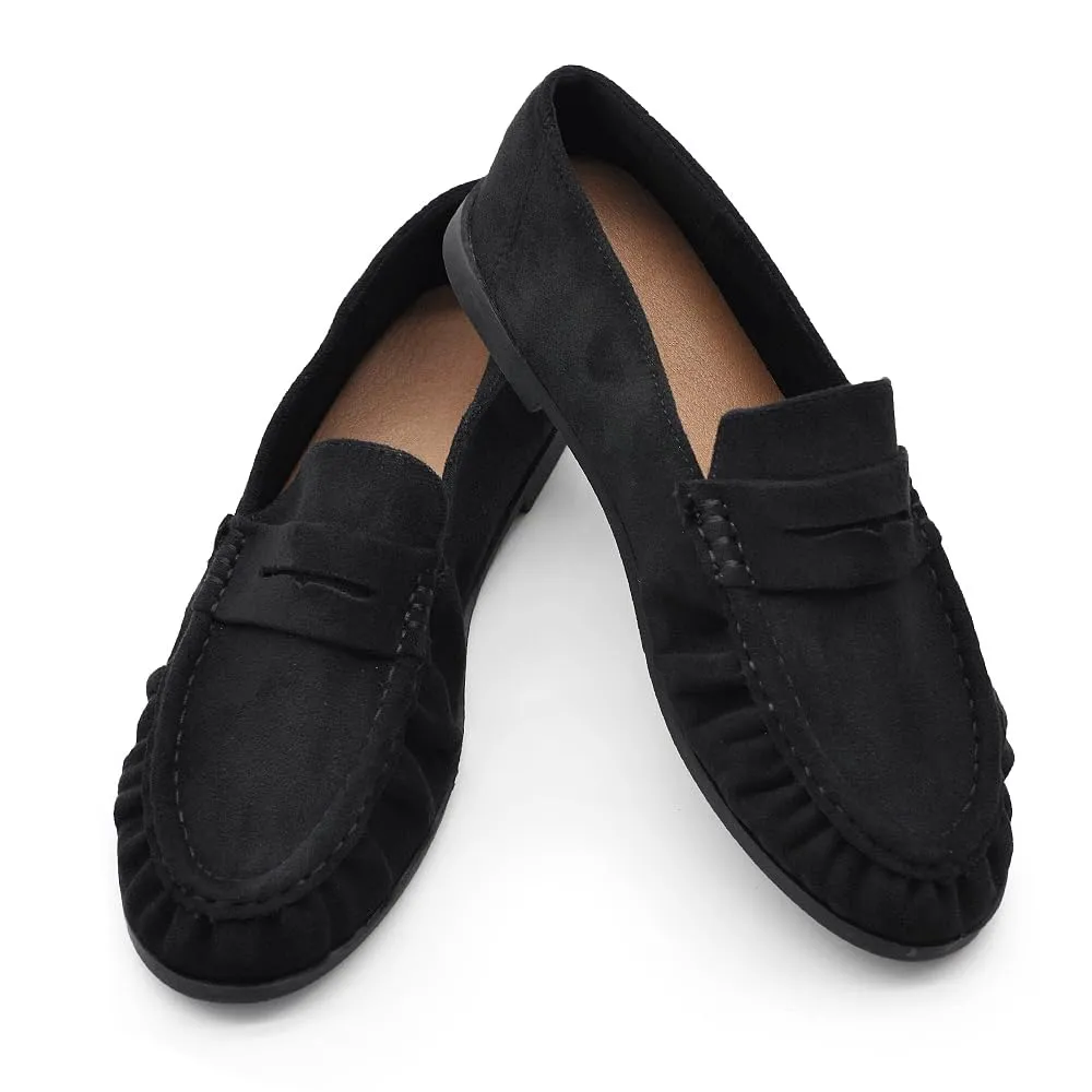 Mocassini Donna Morbidi Scamosciati, Penny Loafer con Bordo Arricciato, Scarpe Basse Comode Casual H178 Nero N.40 - immagine 3