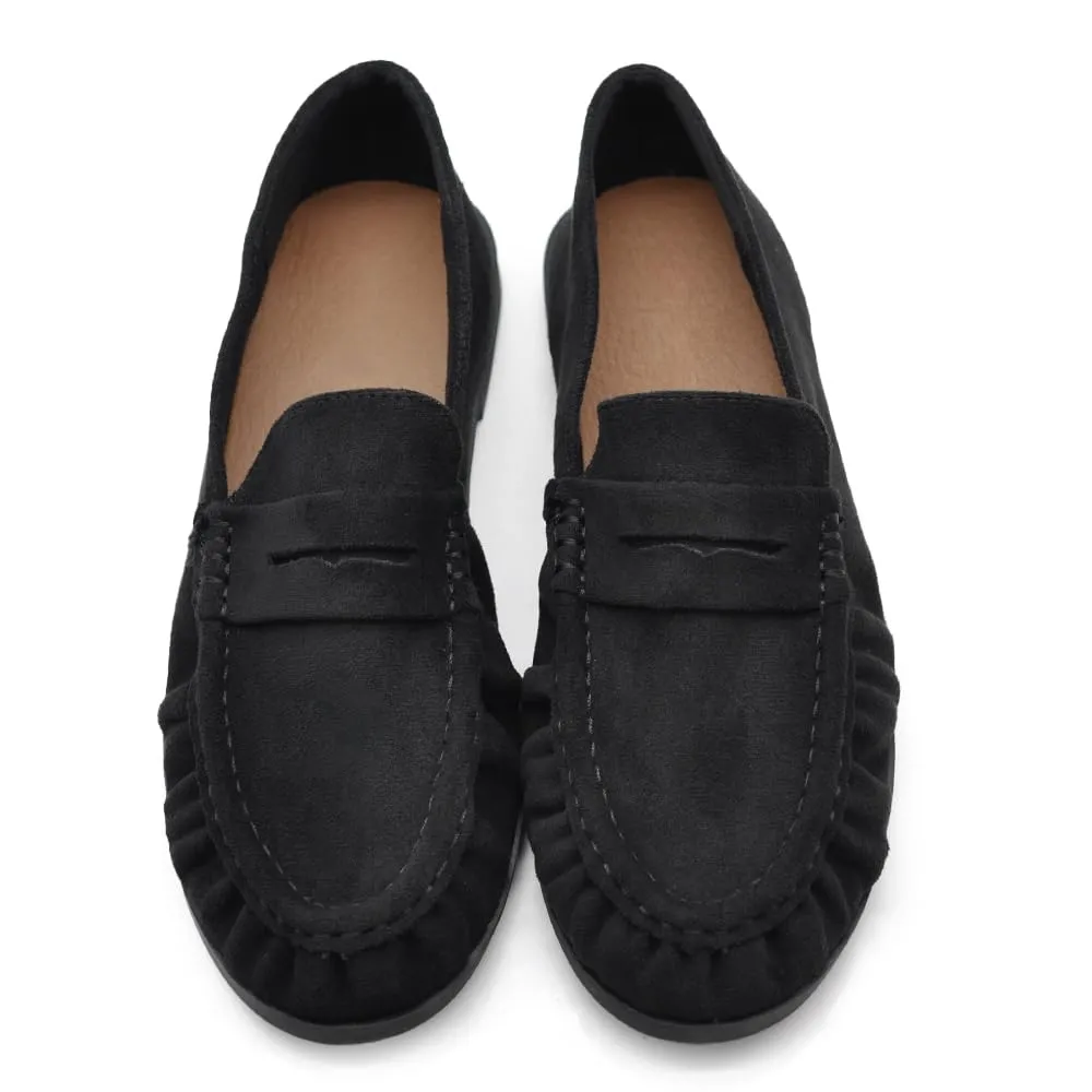 Mocassini Donna Morbidi Scamosciati, Penny Loafer con Bordo Arricciato, Scarpe Basse Comode Casual H178 Nero N.38 - immagine 2