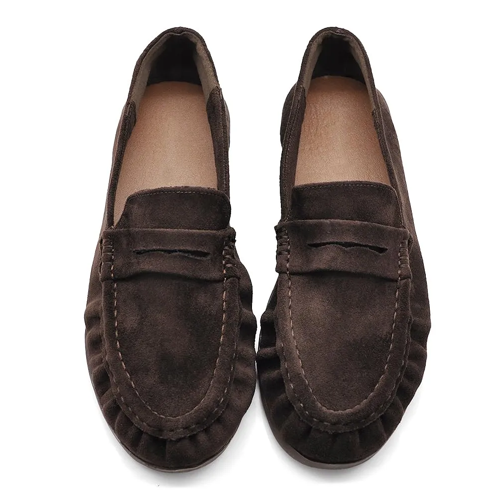 Mocassini Donna Morbidi Scamosciati, Penny Loafer con Bordo Arricciato, Scarpe Basse Comode Casual H178 Marrone N.41 - immagine 2