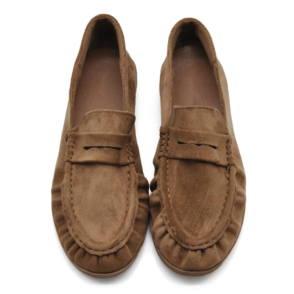 Mocassini Donna Morbidi Scamosciati, Penny Loafer con Bordo Arricciato, Scarpe Basse Comode Casual H178 Moka N.38 - immagine 2