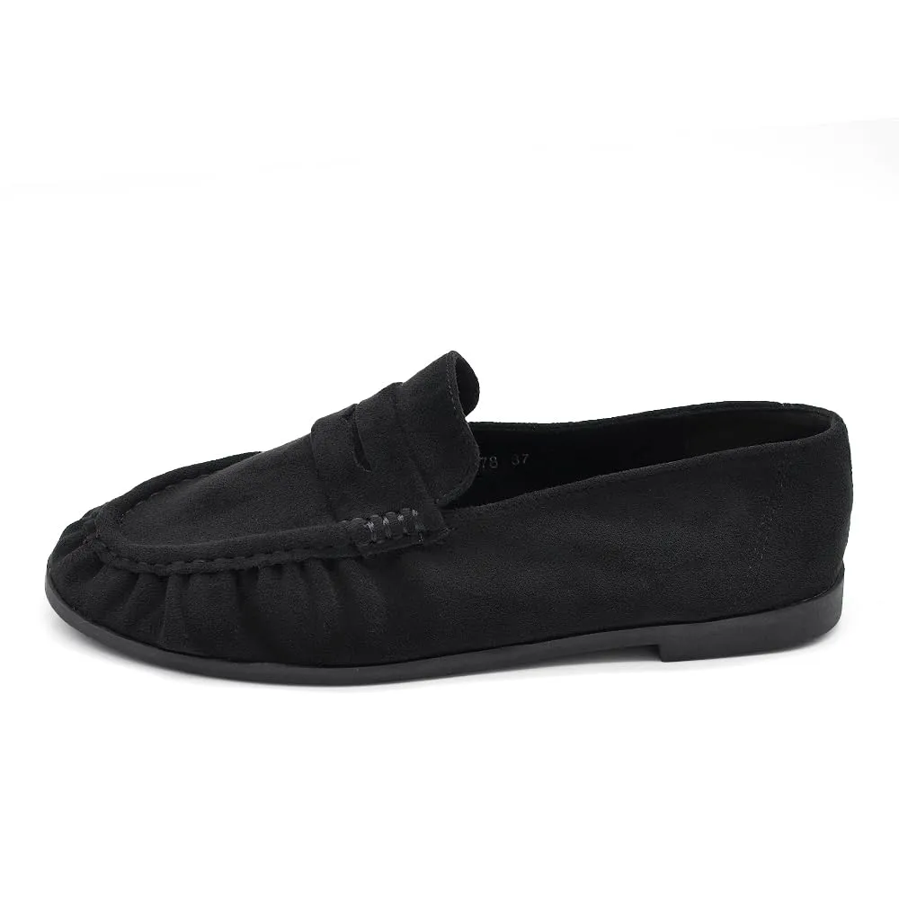 Mocassini Donna Morbidi Scamosciati, Penny Loafer con Bordo Arricciato, Scarpe Basse Comode Casual H178 Nero N.37 - immagine 4