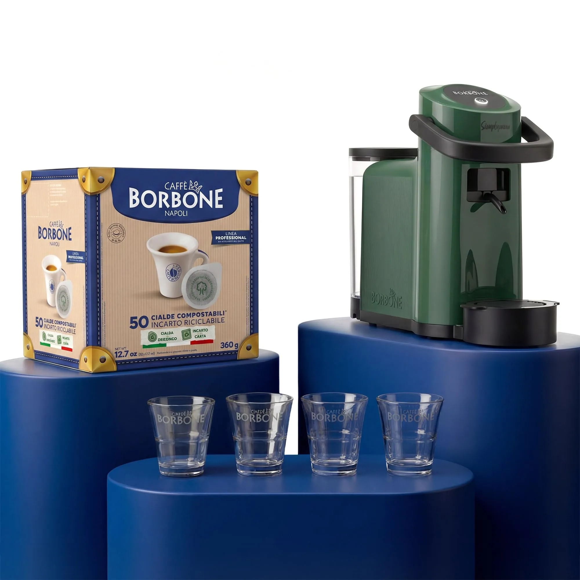 CAFFÈ BORBONE Simplymoon Macchina da Caffè a Cialde (Verde, Macchina + Cialda Blu + 8 Bicchierini) - immagine 1