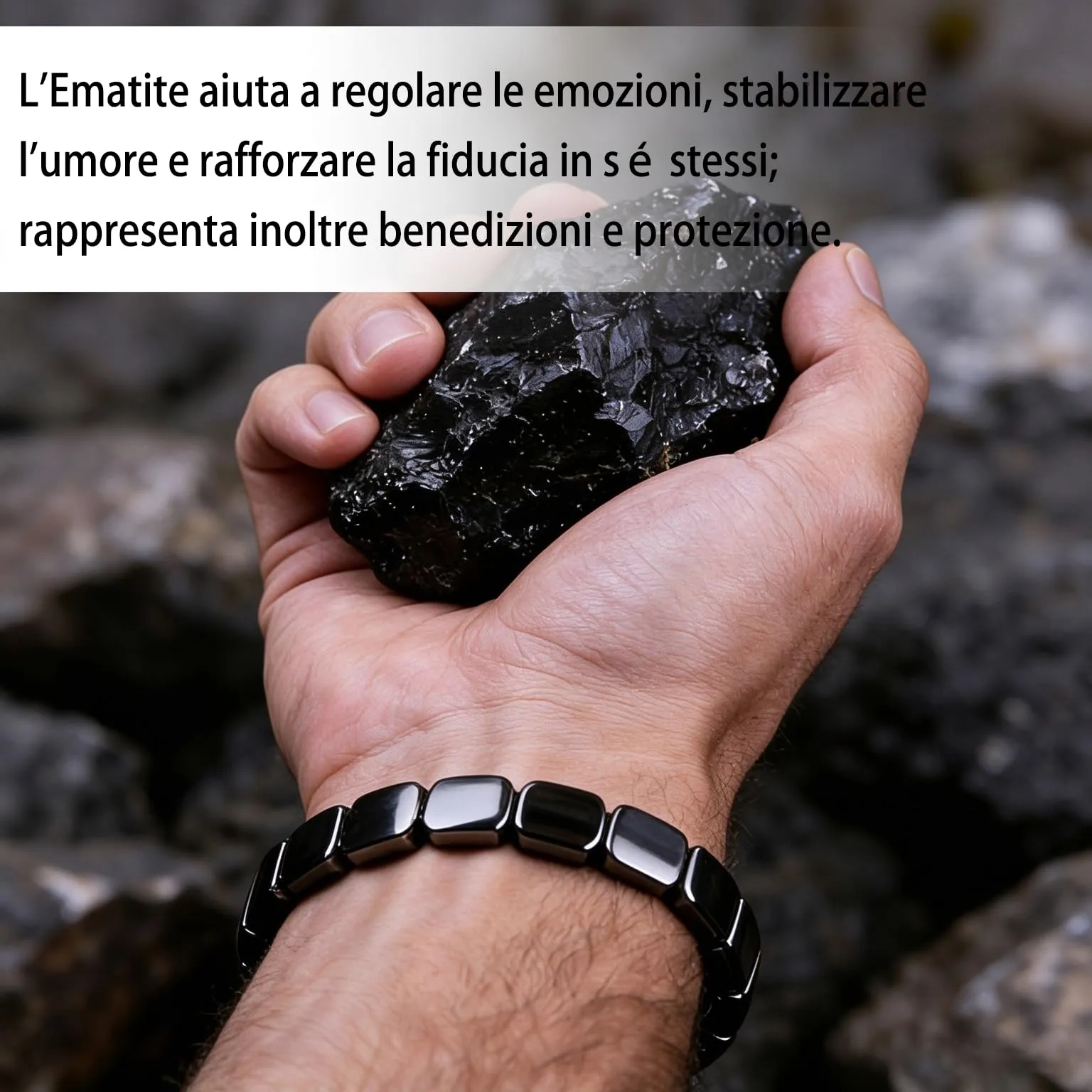 Bracciale Uomo Ematite Pietra Naturale Elastico Idee Regalo Compleanno - immagine 2