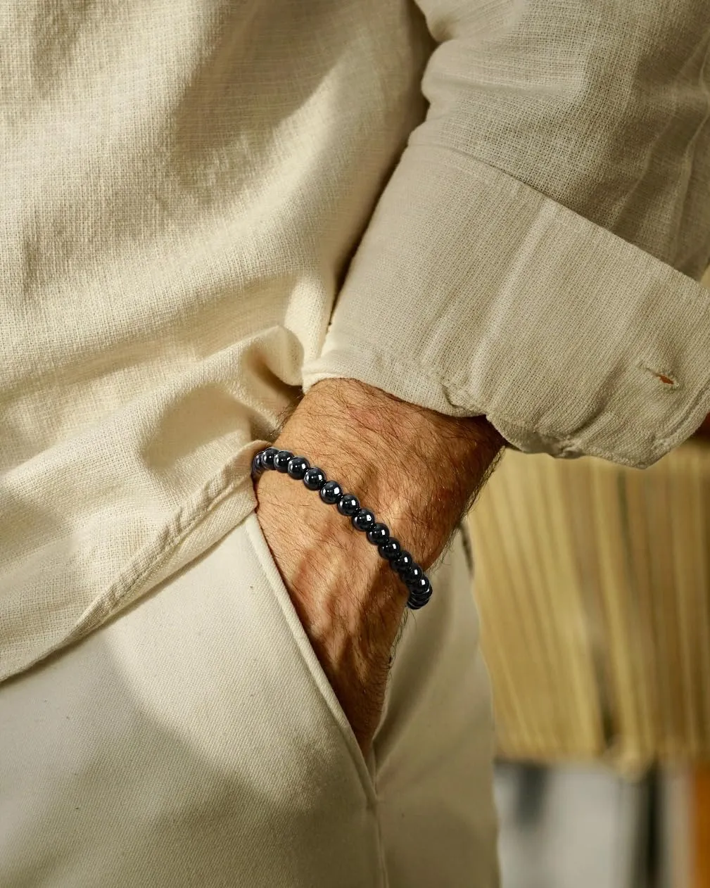Bracciale Uomo Ematite Pietra Naturale Elastico Idee Regalo Compleanno - immagine 3