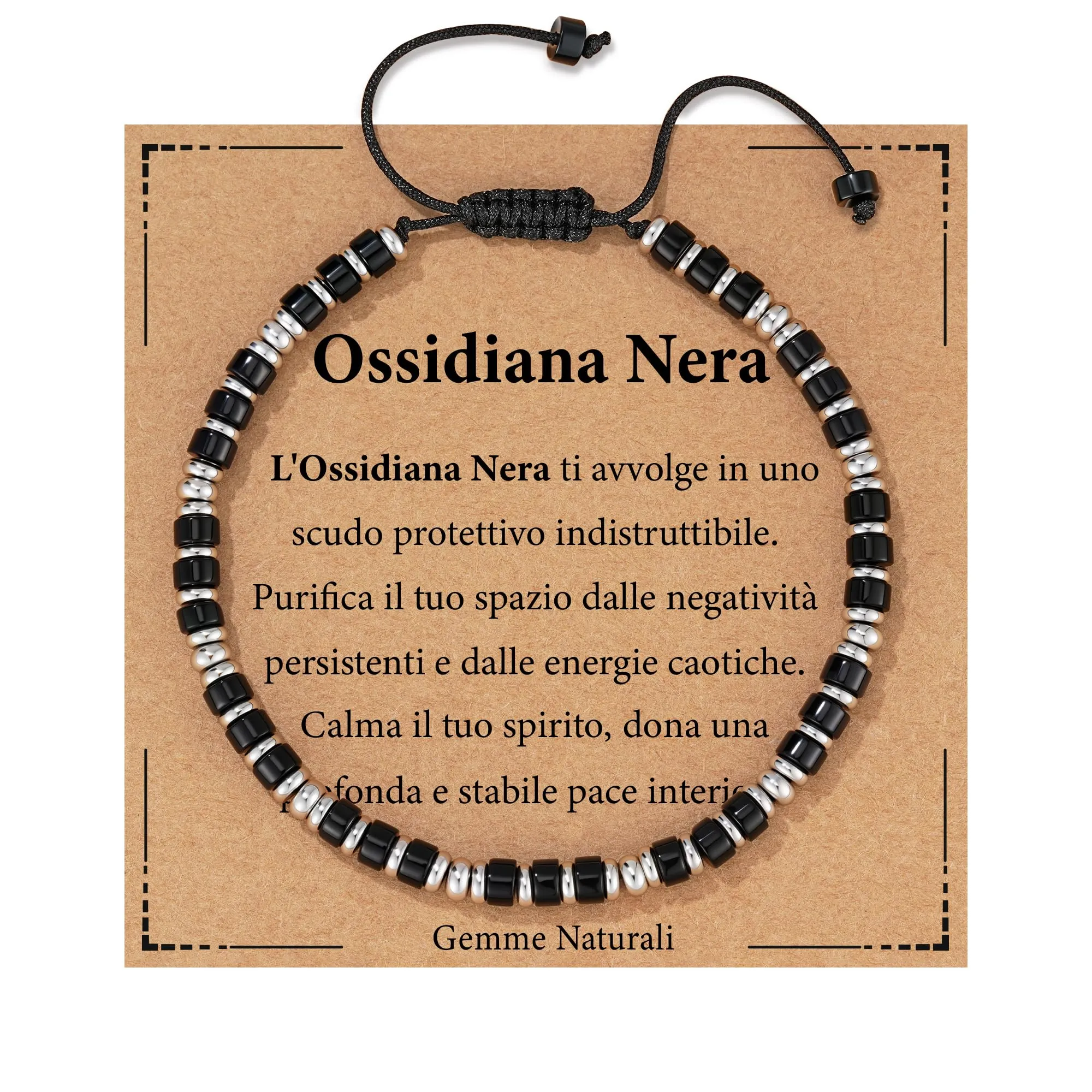 Bracciale Uomo Acciaio Ossidiana Nera Idee Regali Papa Compleanno - immagine 1