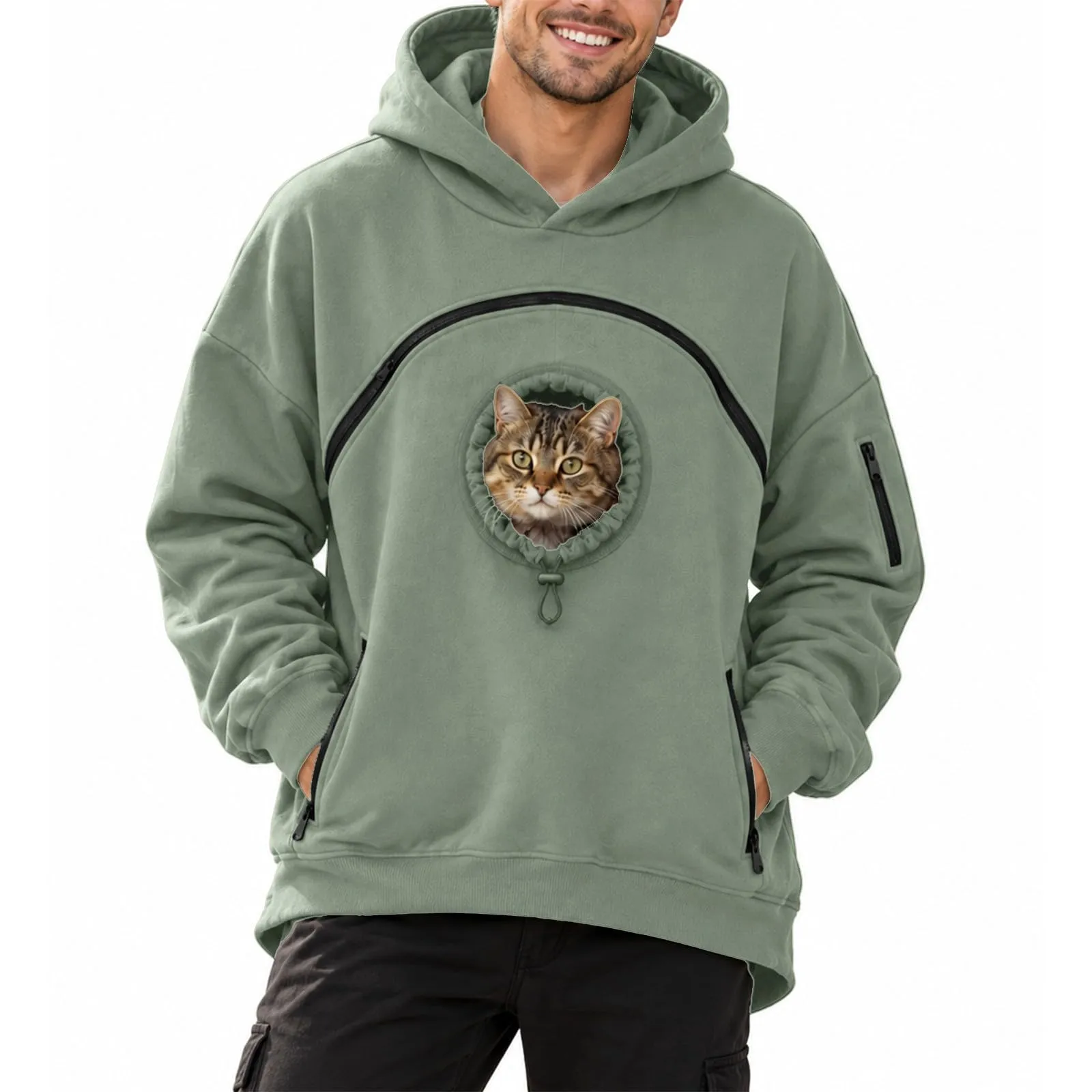 Pet Carrier - Felpa con cappuccio da uomo, motivo: gattino e cucciolo - immagine 1