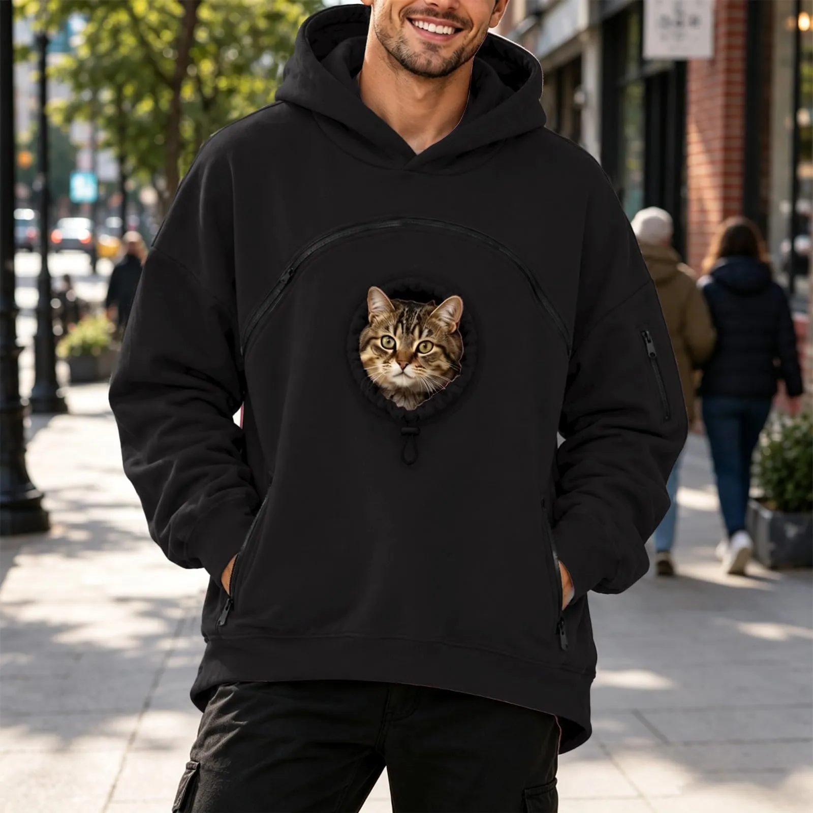 Pet Carrier - Felpa con cappuccio da uomo, motivo: gattino e cucciolo, Nero - immagine 6