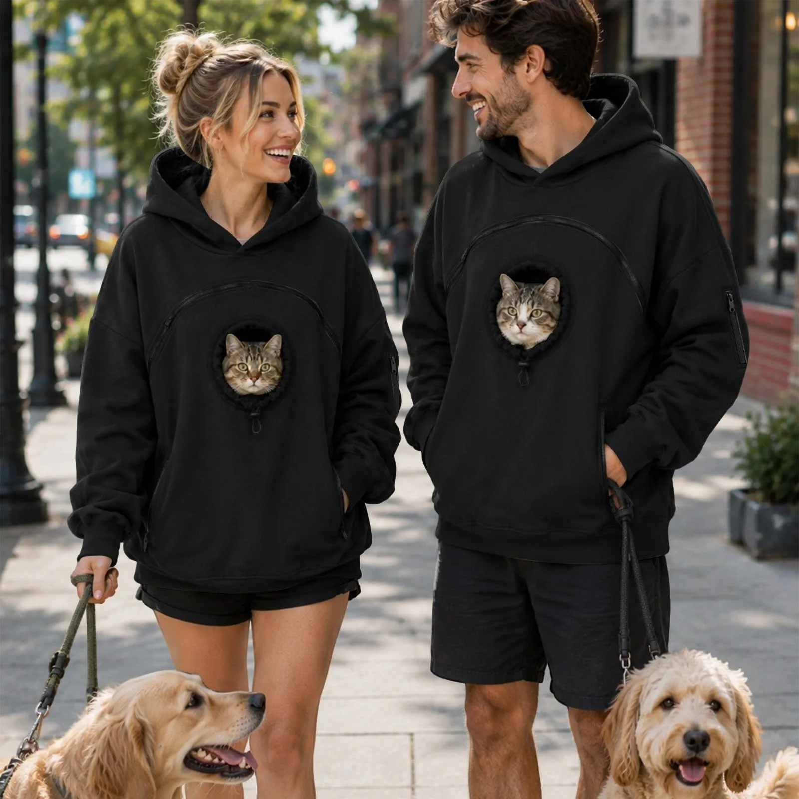 Pet Carrier - Felpa con cappuccio da uomo, motivo: gattino e cucciolo, Nero - immagine 2
