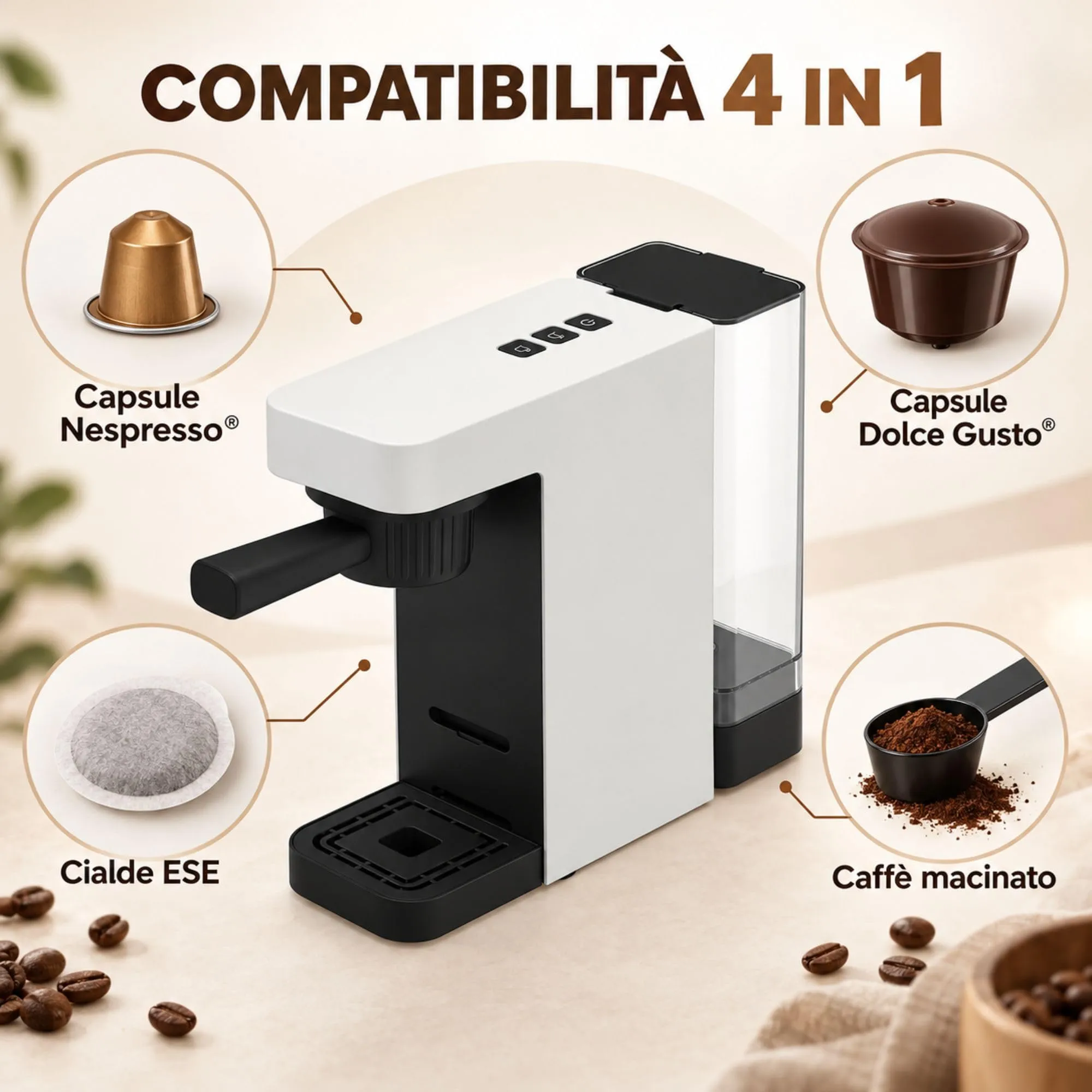Macchina Caffè 4 in 1 White - 1400 W - Pressione 20 bar - ABS Resistente - immagine 3