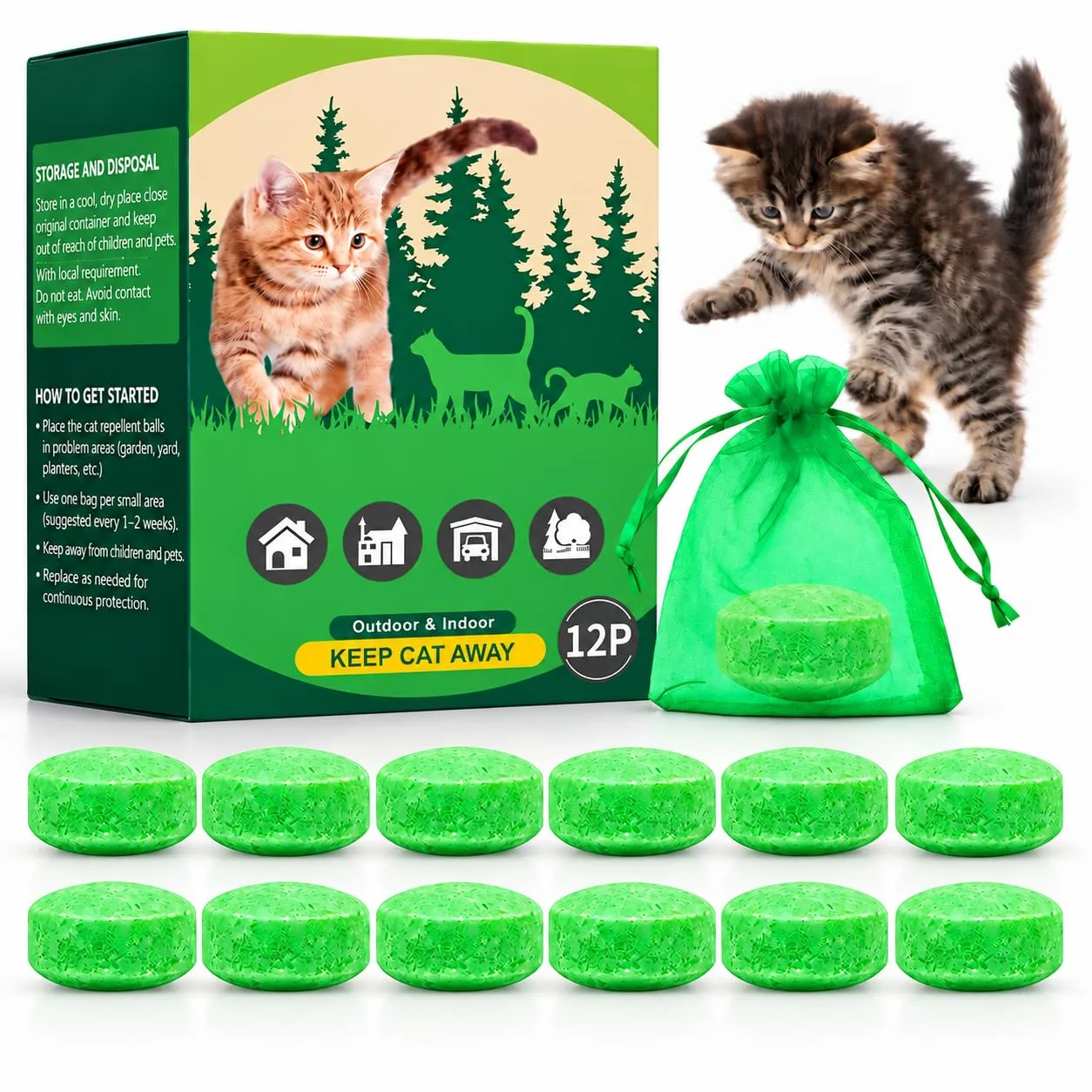 FePen Repellente per Gatti per Esterni, 12 Balles Répulsives Naturelles pour Chats, con 5 Sacchetti in Tessuto non Tessuto, Repellente per Gatti e Cani per Esterni e Interni (Verde scuro-12) - immagine 1