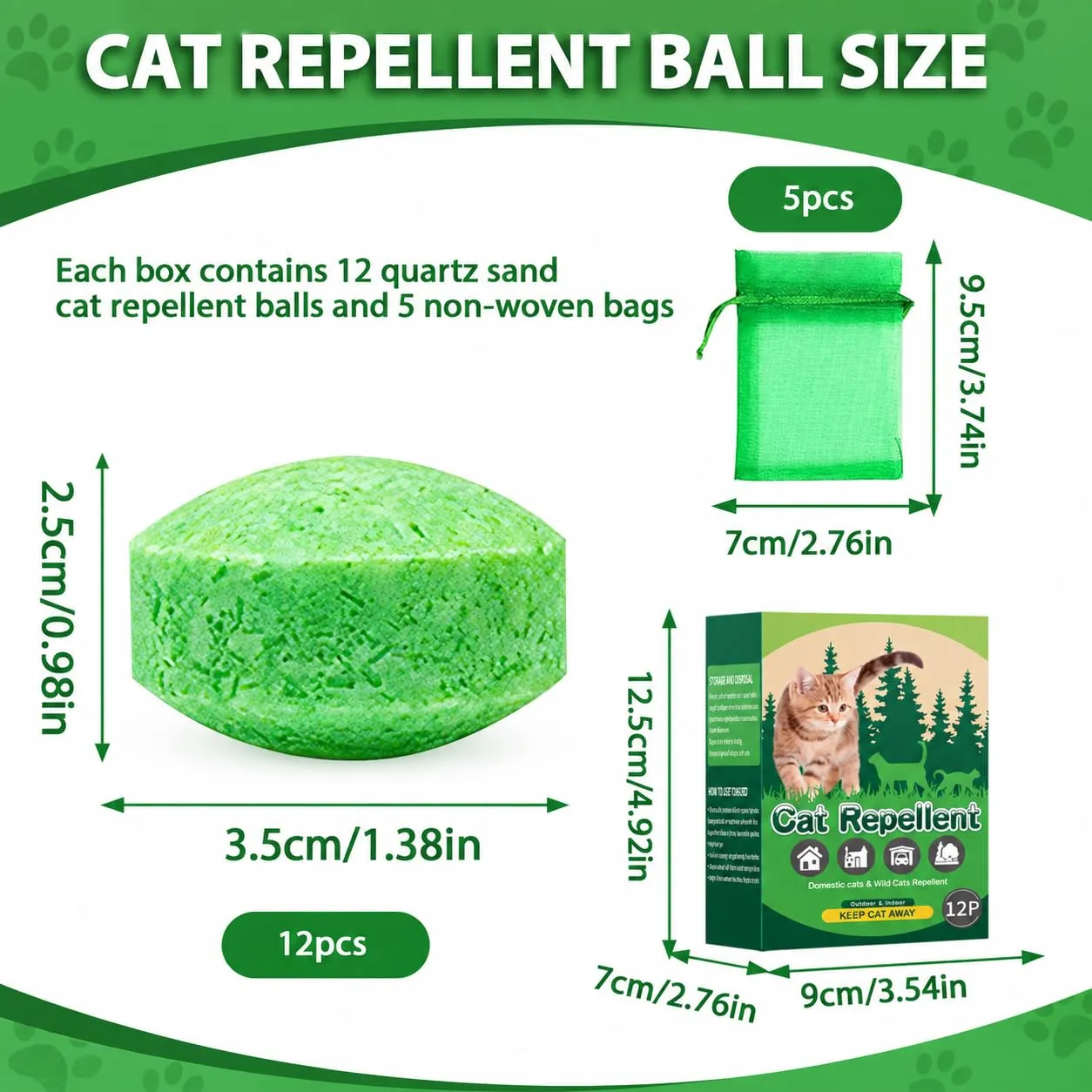 FePen Repellente per Gatti per Esterni, 12 Balles Répulsives Naturelles pour Chats, con 5 Sacchetti in Tessuto non Tessuto, Repellente per Gatti e Cani per Esterni e Interni (Verde scuro-12) - immagine 2