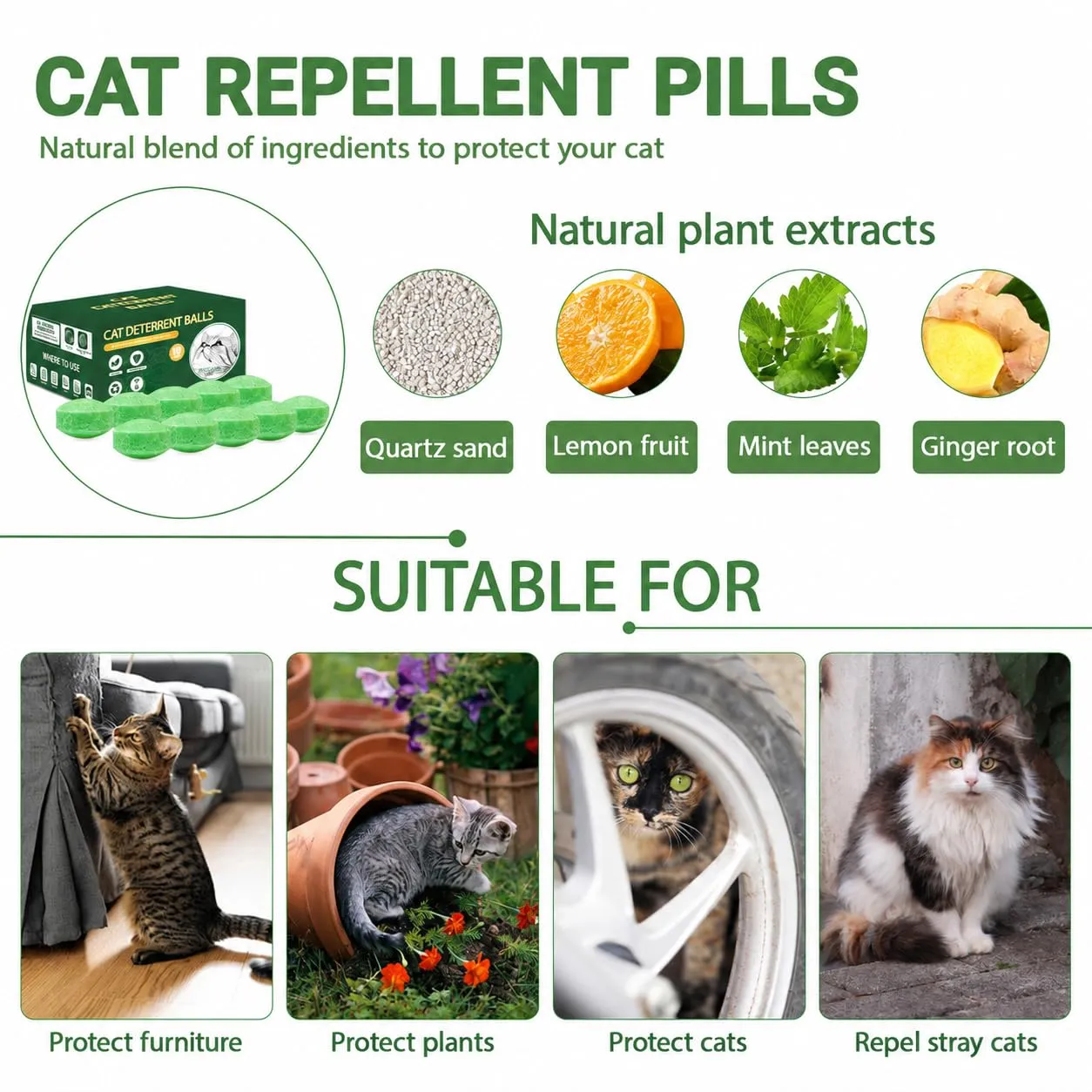 FePen Repellente per Gatti per Esterni, 12 Balles Répulsives Naturelles pour Chats, con 5 Sacchetti in Tessuto non Tessuto, Repellente per Gatti e Cani per Esterni e Interni (Verde scuro-12) - immagine 3