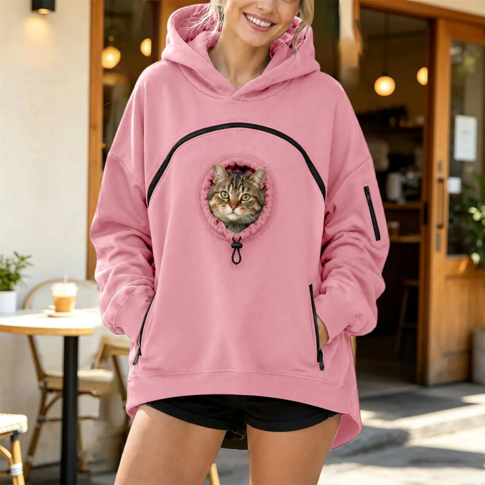 Felpa Porta per Gatti e Cani Donna in Peluche con Cappuccio e Tasca Animali - immagine 2