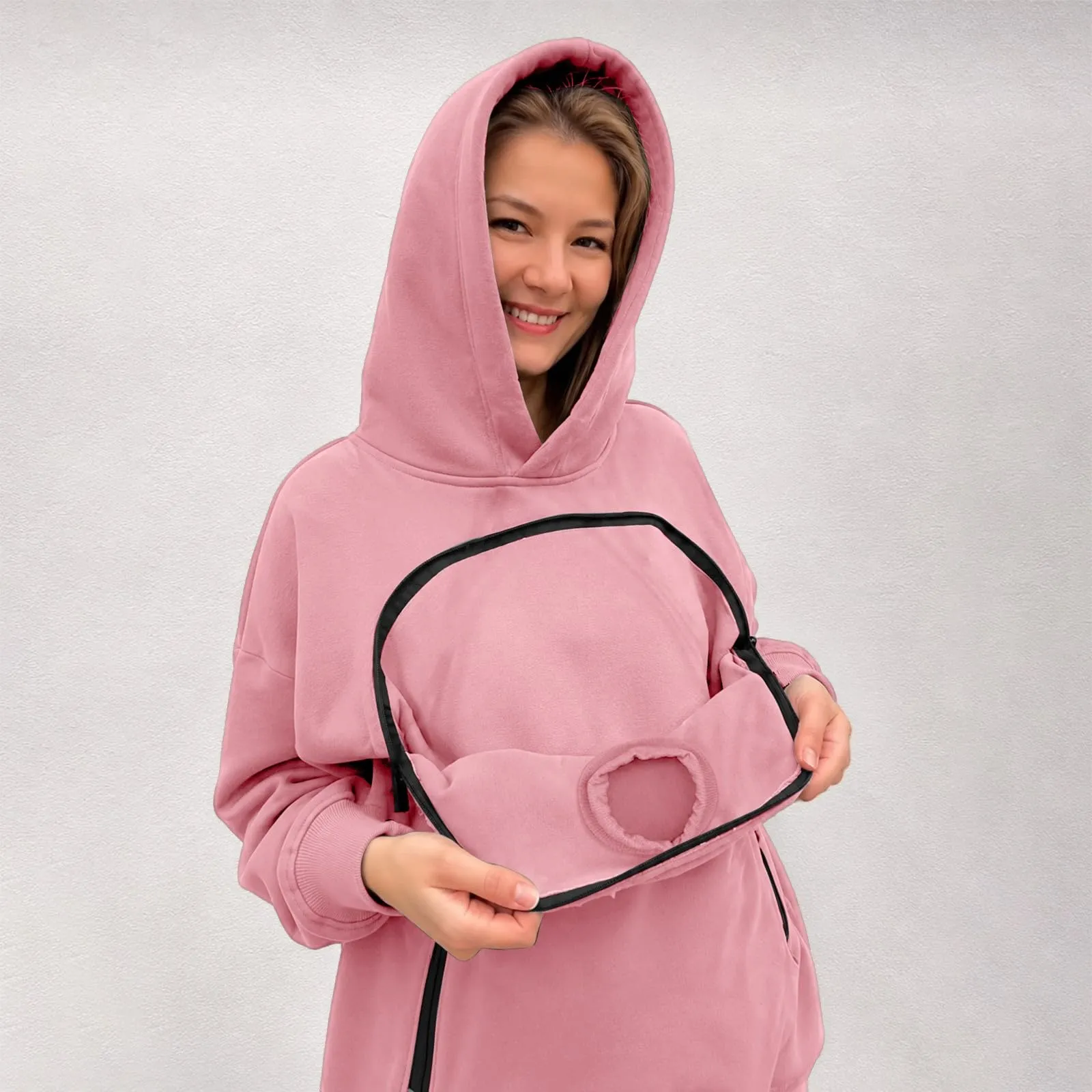 Felpa Porta per Gatti e Cani Donna in Peluche con Cappuccio e Tasca Animali - immagine 6