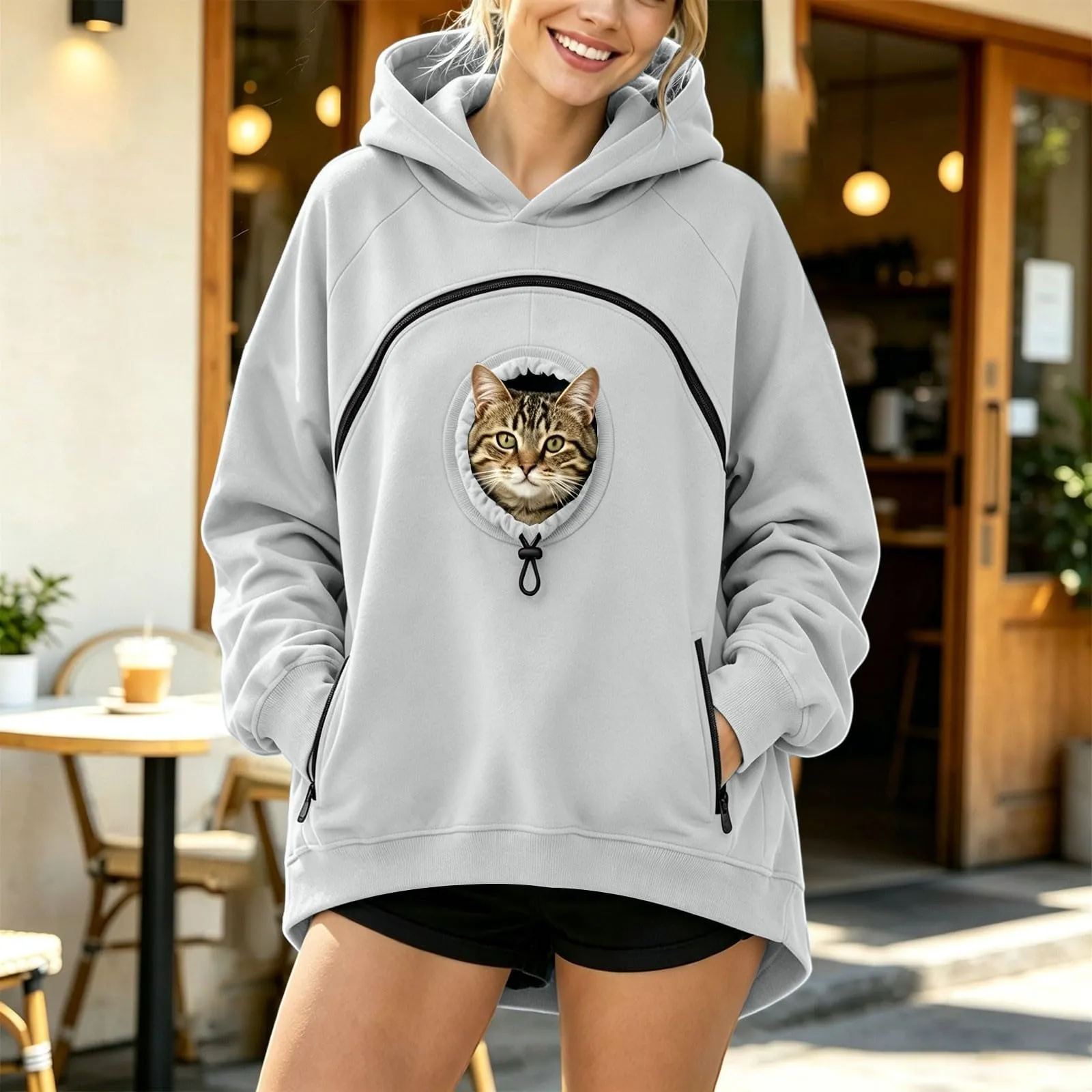 Felpa Porta per Gatti e Cani Donna in Peluche con Cappuccio e Tasca Animali - immagine 2