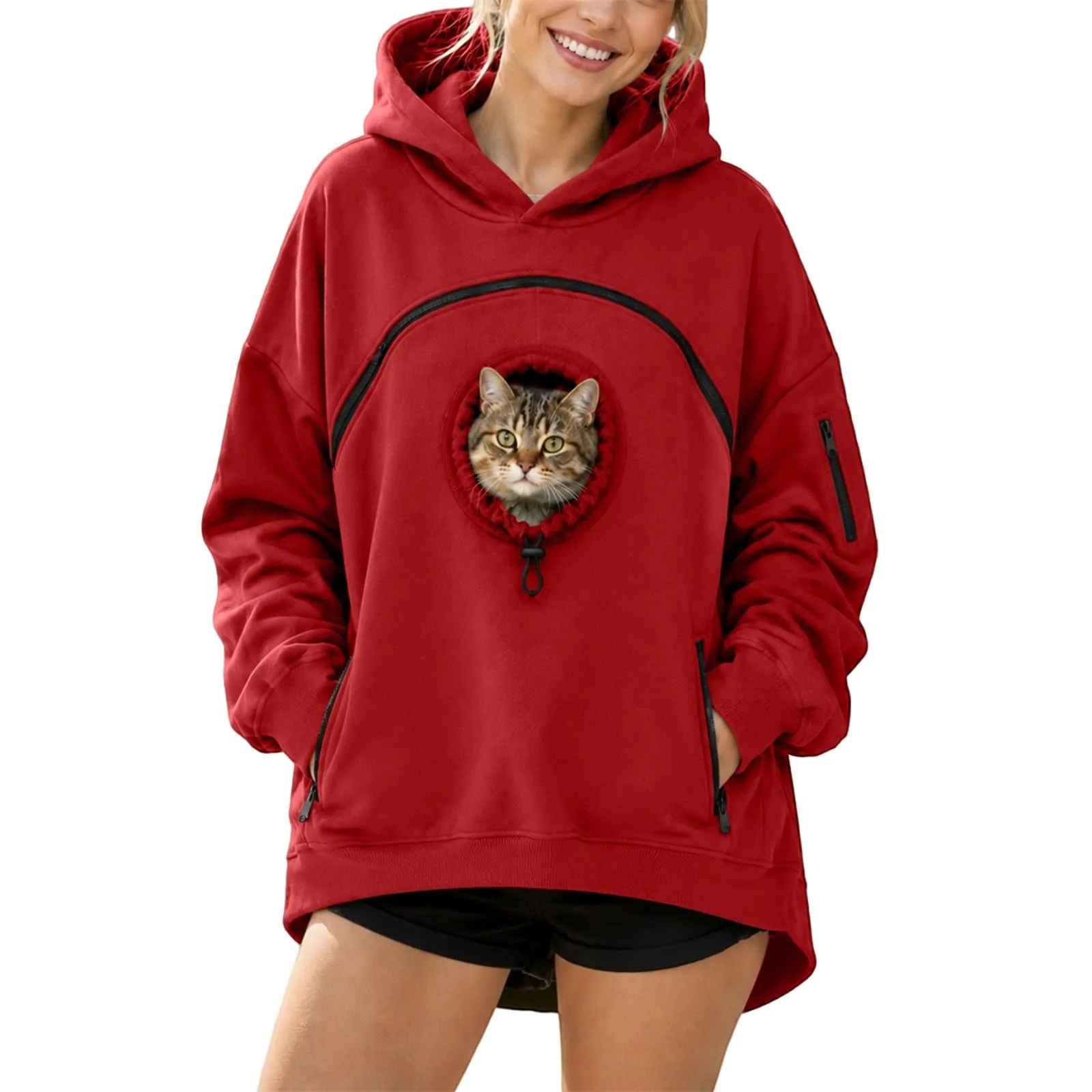 Felpa Porta per Gatti e Cani Donna in Peluche con Cappuccio e Tasca Animali - immagine 1