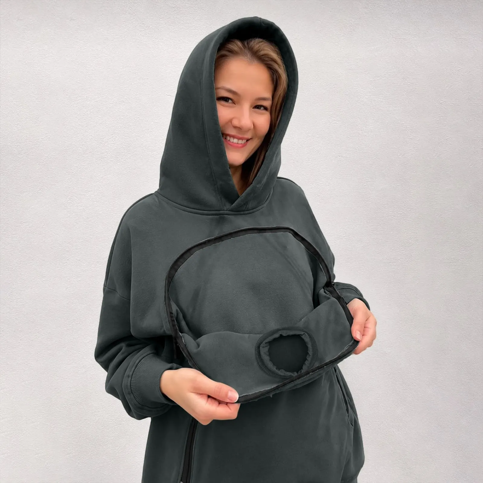 Felpa Porta per Gatti e Cani Donna in Peluche con Cappuccio e Tasca Animali - immagine 7