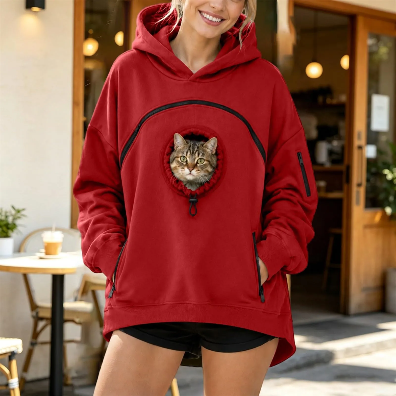 Felpa Porta per Gatti e Cani Donna in Peluche con Cappuccio e Tasca Animali - immagine 2