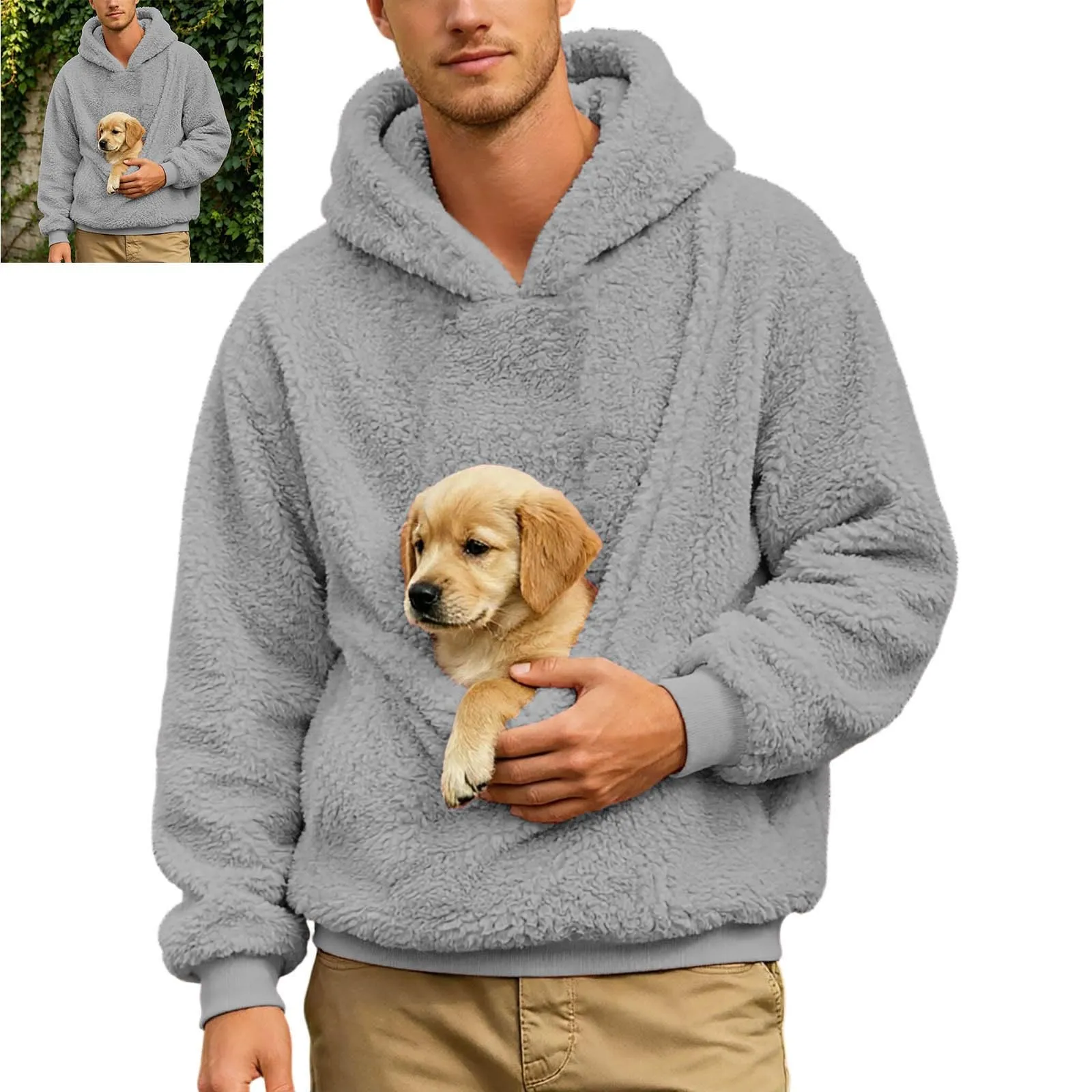 Generico Felpa con Cappuccio Uomo in Pile, Manica Lunga Tasca Interna per Gatti E Piccoli Cani, Divertente Tasche Cuccioli Gatti, Taglie Forti, a Maniche Lunghe, Amanti degli Animali Domestici - immagine 4