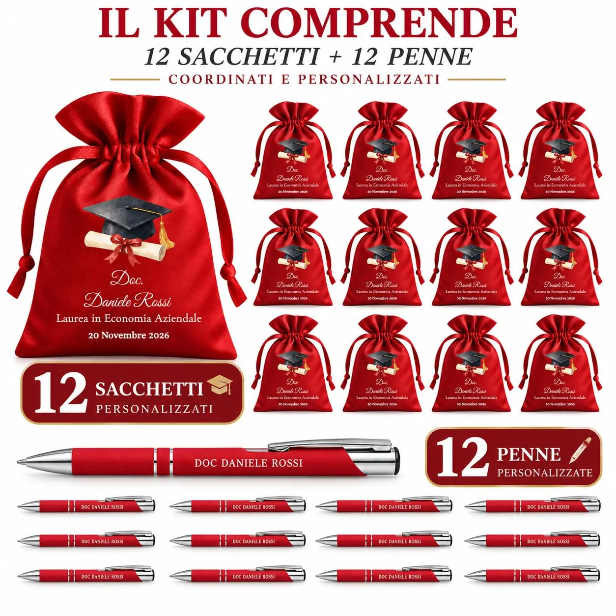 Cormar Kit Bomboniere Laurea Personalizzate, Rosso, 12 Sacchetti in Raso con 12 Penne Personalizzate, Nome, Facoltà e Data (STILE 9) - immagine 2