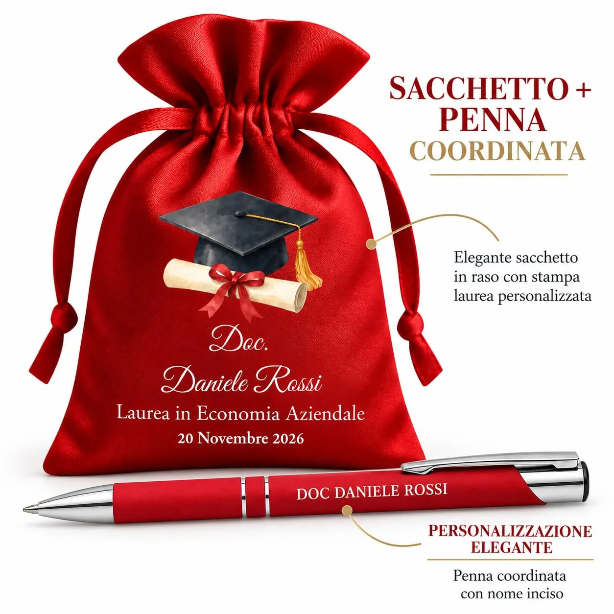 Cormar Kit Bomboniere Laurea Personalizzate, Rosso, 12 Sacchetti in Raso con 12 Penne Personalizzate, Nome, Facoltà e Data (STILE 9) - immagine 3