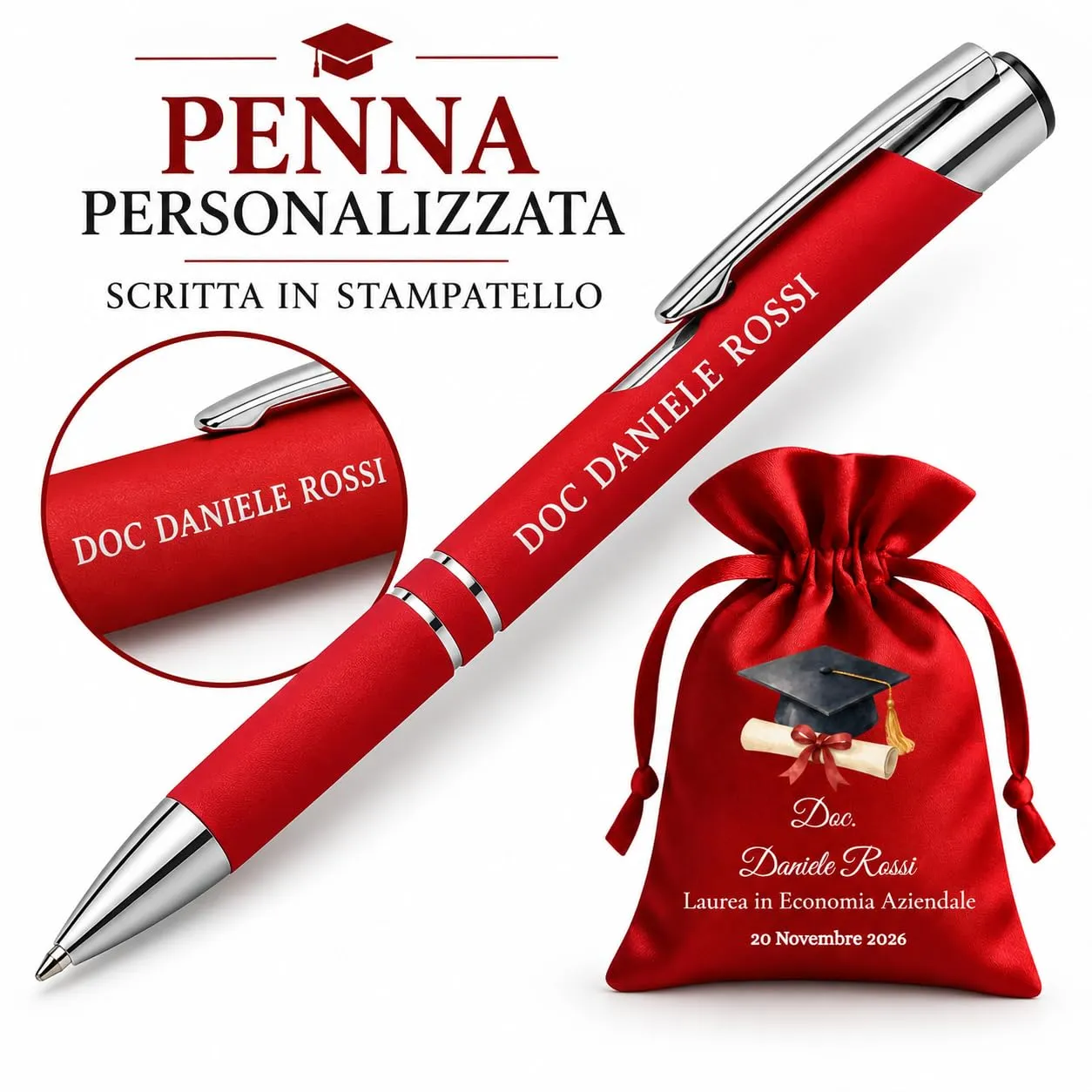 Cormar Kit Bomboniere Laurea Personalizzate, Rosso, 12 Sacchetti in Raso con 12 Penne Personalizzate, Nome, Facoltà e Data (STILE 9) - immagine 4