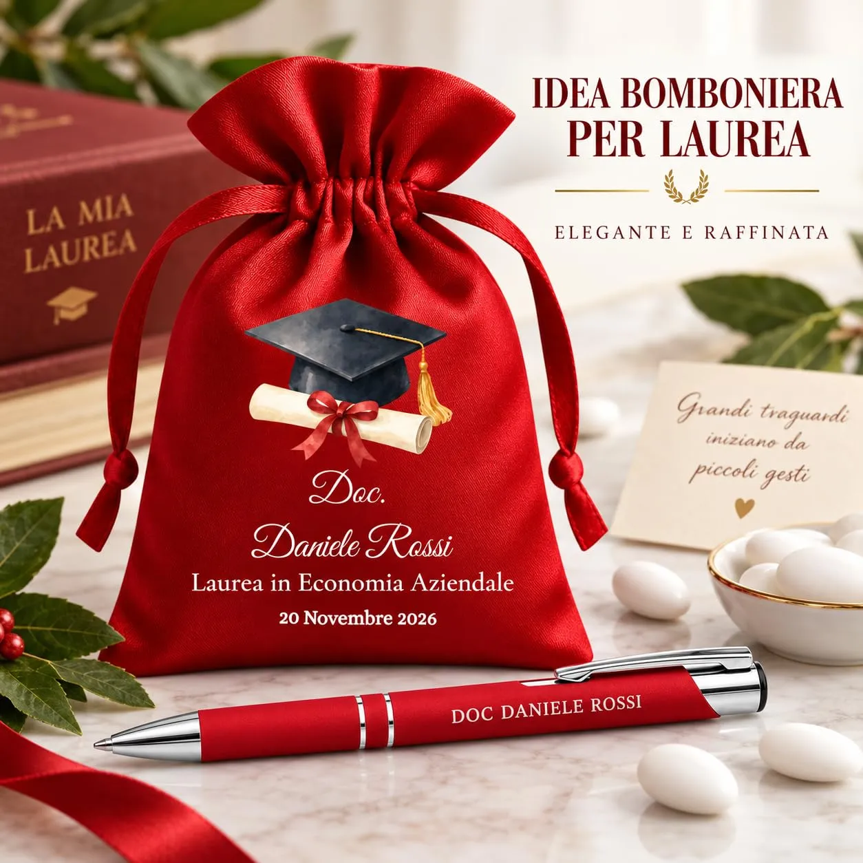 Cormar Kit Bomboniere Laurea Personalizzate, Rosso, 12 Sacchetti in Raso con 12 Penne Personalizzate, Nome, Facoltà e Data (STILE 9) - immagine 5