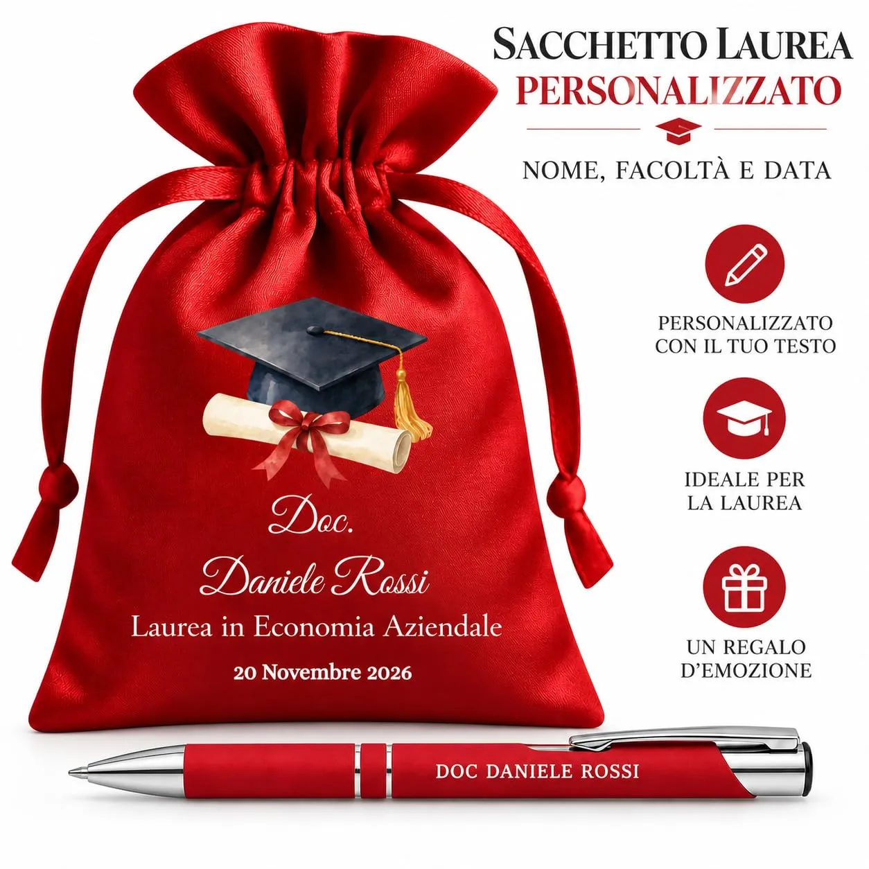 Cormar Kit Bomboniere Laurea Personalizzate, Rosso, 12 Sacchetti in Raso con 12 Penne Personalizzate, Nome, Facoltà e Data (STILE 9) - immagine 6