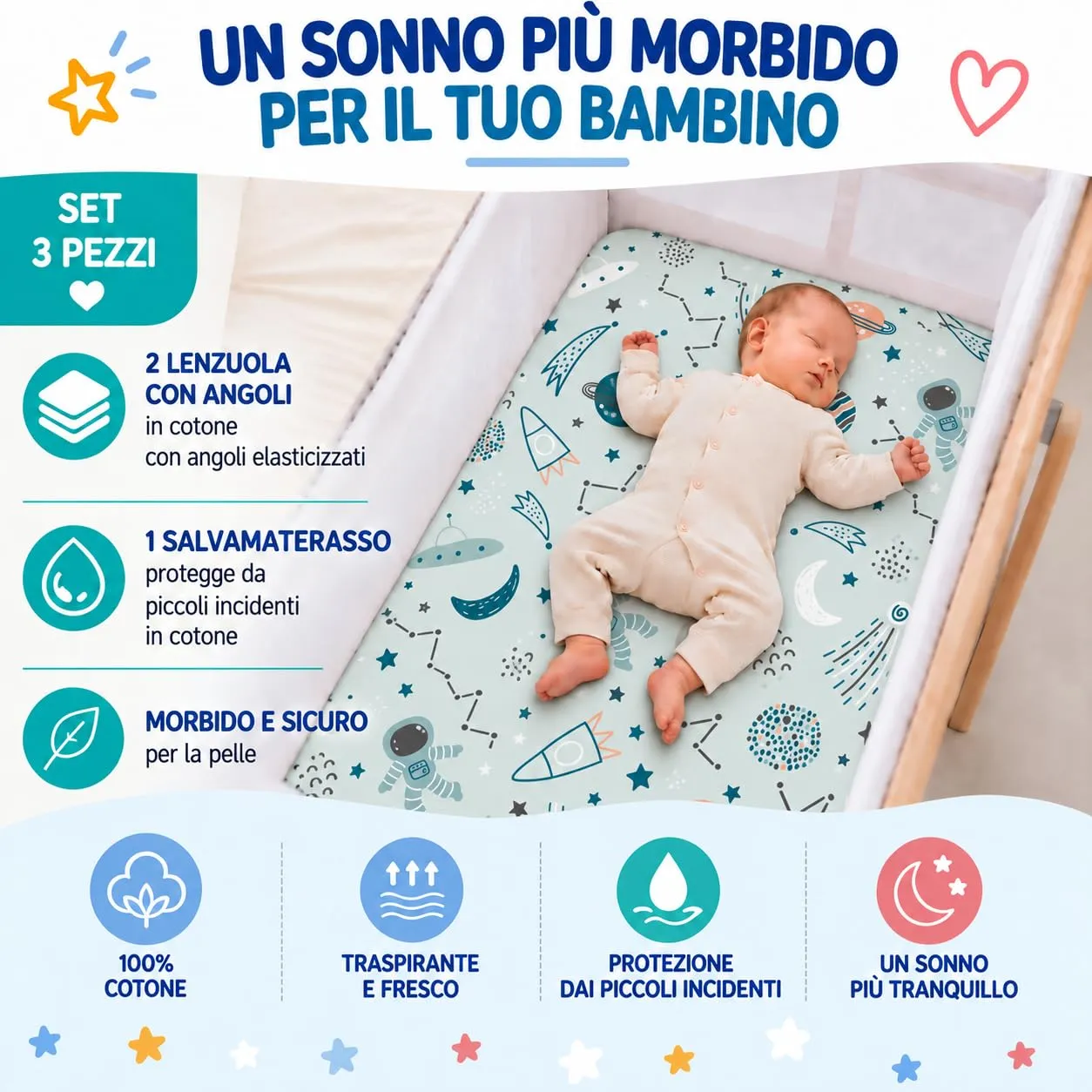 FlyIdeas Set 3 Pezzi Lettino 140x70 cm Cosmos + Coprimaterasso - immagine 8