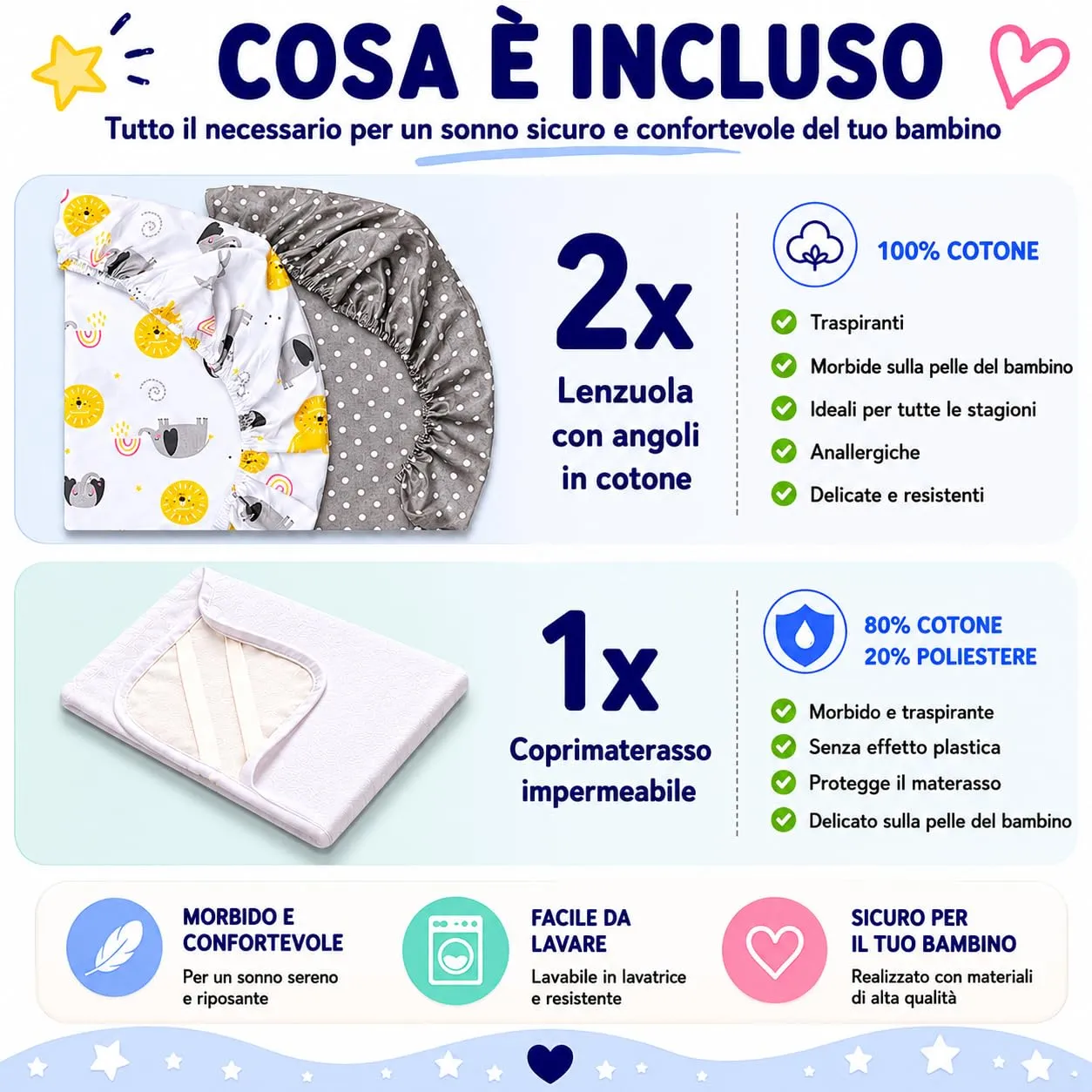 FlyIdeas Set 3 Pezzi Lettino 160x80 cm Baby Animals + Coprimaterasso - immagine 3