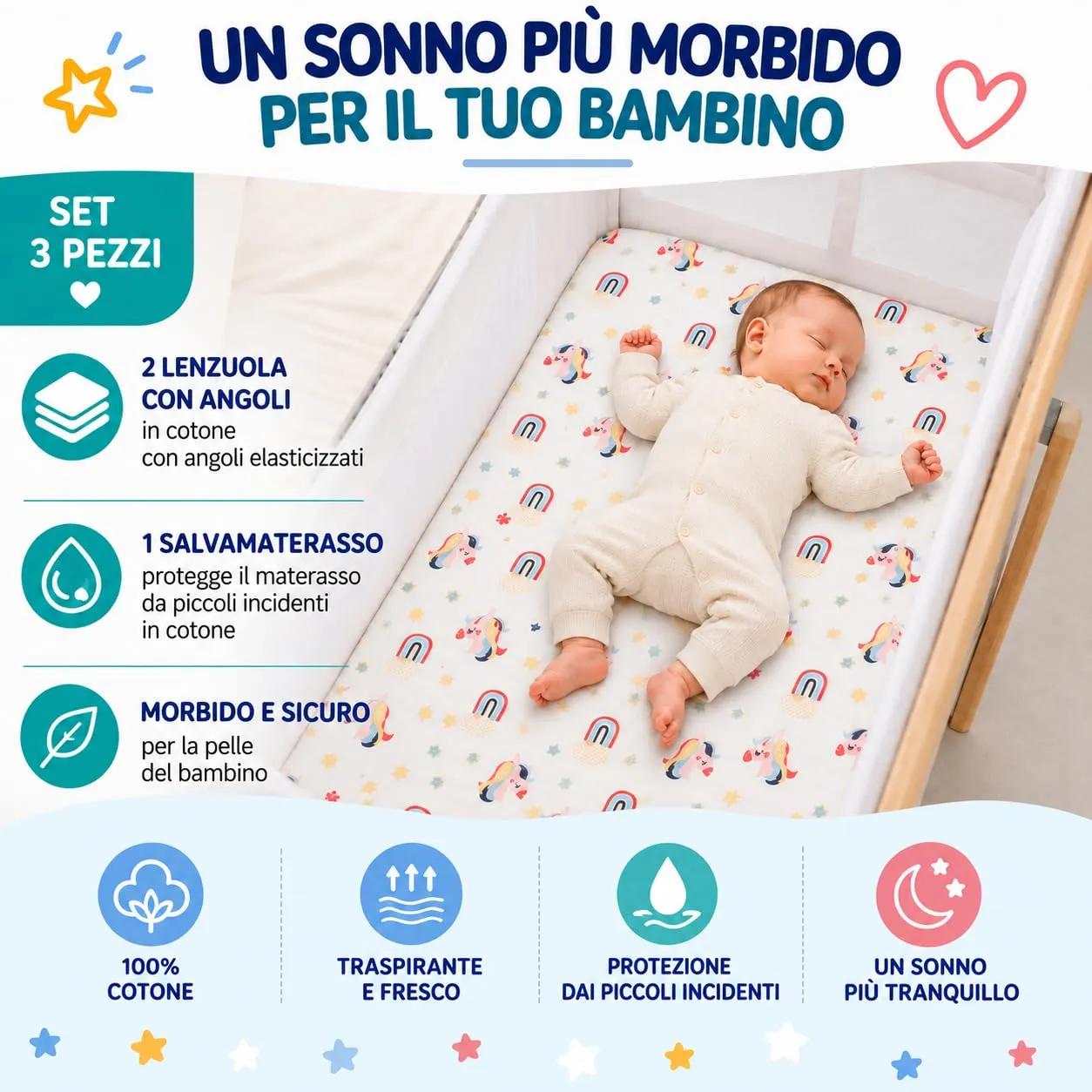 FlyIdeas Set 3 Pezzi Lettino 160x80 cm Rainbow Unicorns + Coprimaterasso - immagine 8