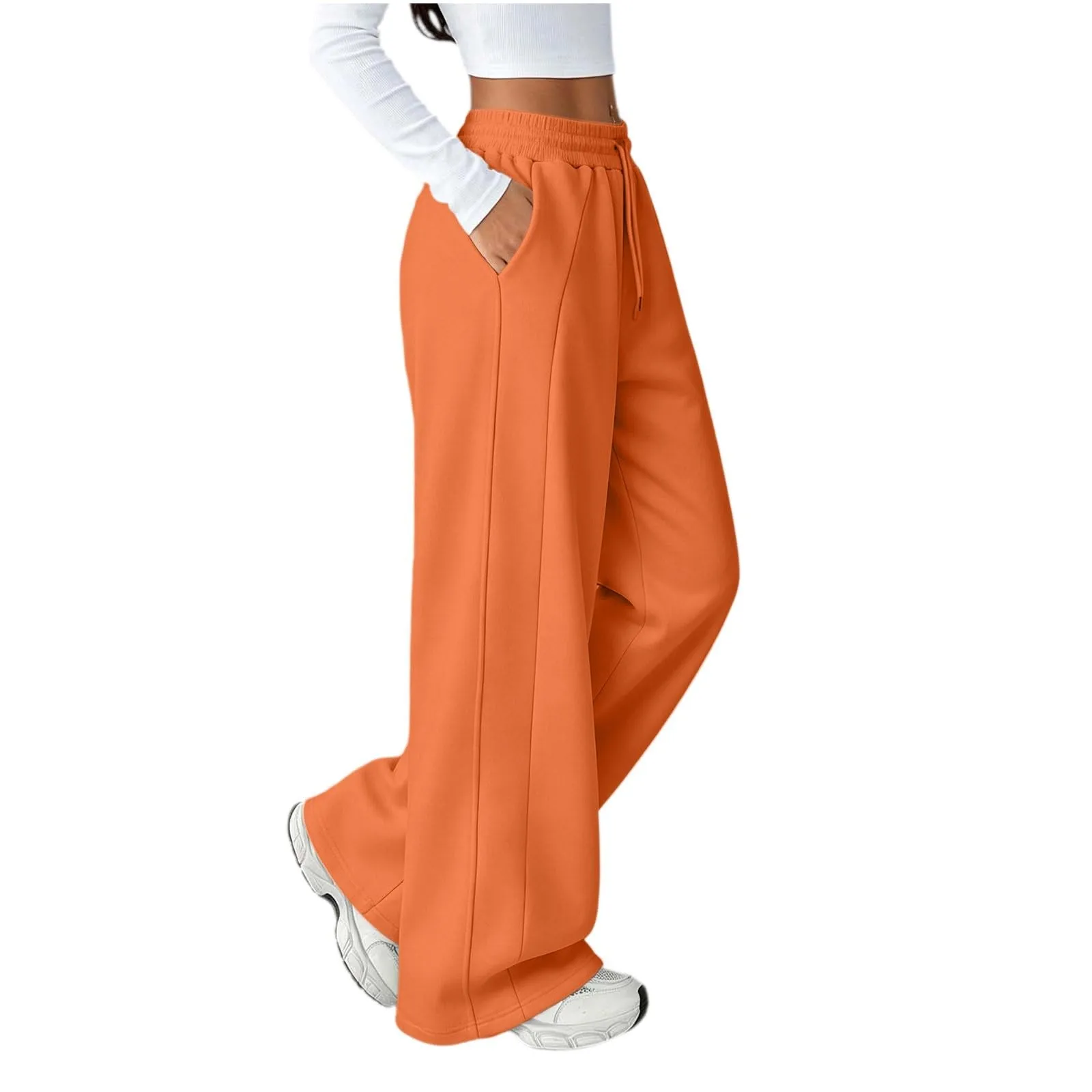 Generico Pantaloni da Jogging da Donna a Gamba Larga da Donna Pantaloni da Jogging Larghi a Vita Alta Pants Sportivi Casual con Coulisse E Tasche - immagine 4