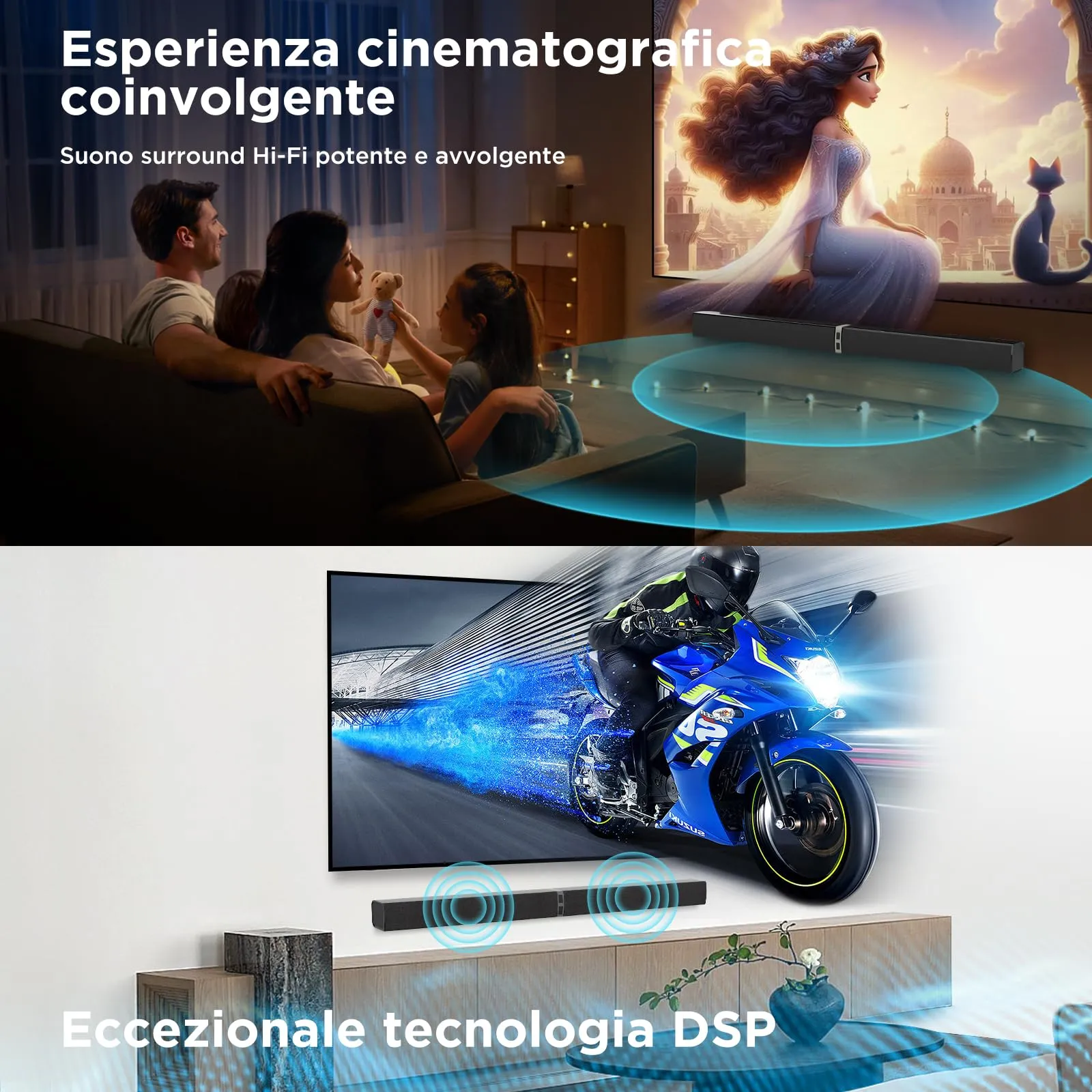 HoYLluDLL Bluetooth Soundbar per TV, 32 Inch Staccabile 2 in 1 Sound Bar per Televisore con Audio Potente, Altoparlanti per TV per Home Theater Audio, 2.0 canali con OPT/ARC/AUX, 1pcs - immagine 6