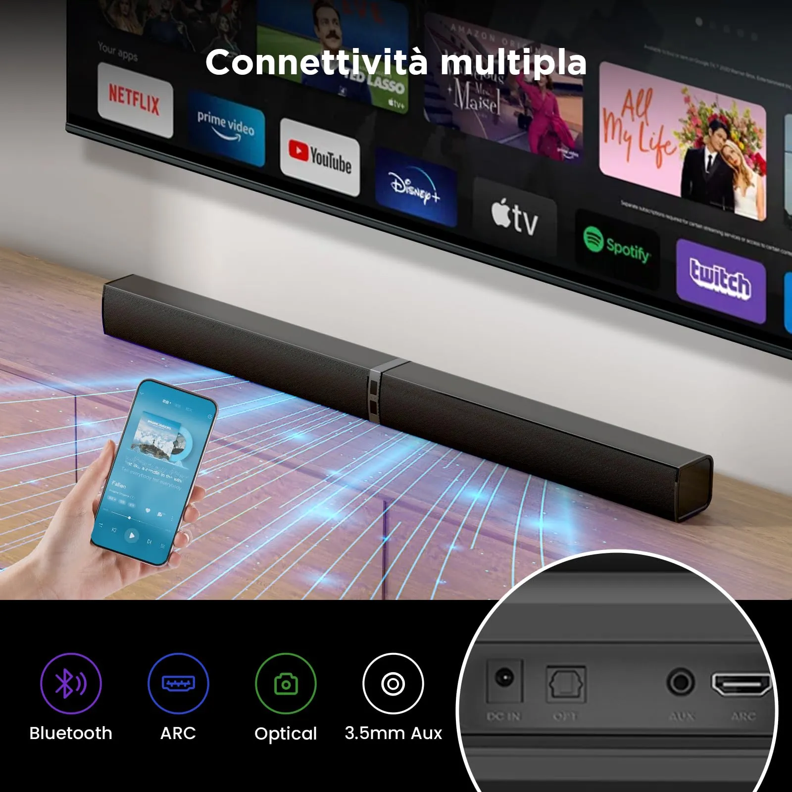 HoYLluDLL Bluetooth Soundbar per TV, 32 Inch Staccabile 2 in 1 Sound Bar per Televisore con Audio Potente, Altoparlanti per TV per Home Theater Audio, 2.0 canali con OPT/ARC/AUX, 1pcs - immagine 8