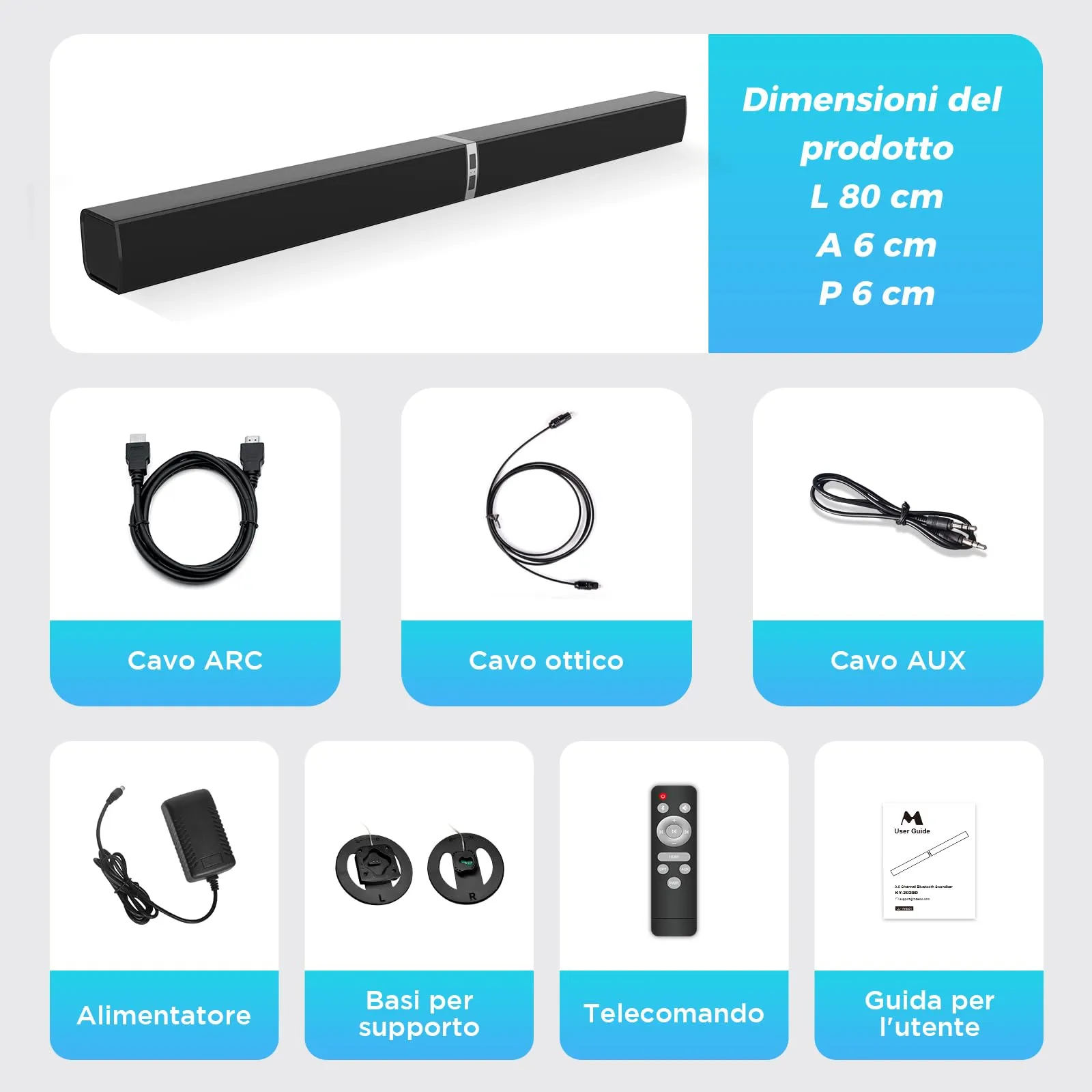 HoYLluDLL Bluetooth Soundbar per TV, 32 Inch Staccabile 2 in 1 Sound Bar per Televisore con Audio Potente, Altoparlanti per TV per Home Theater Audio, 2.0 canali con OPT/ARC/AUX, 1pcs - immagine 9