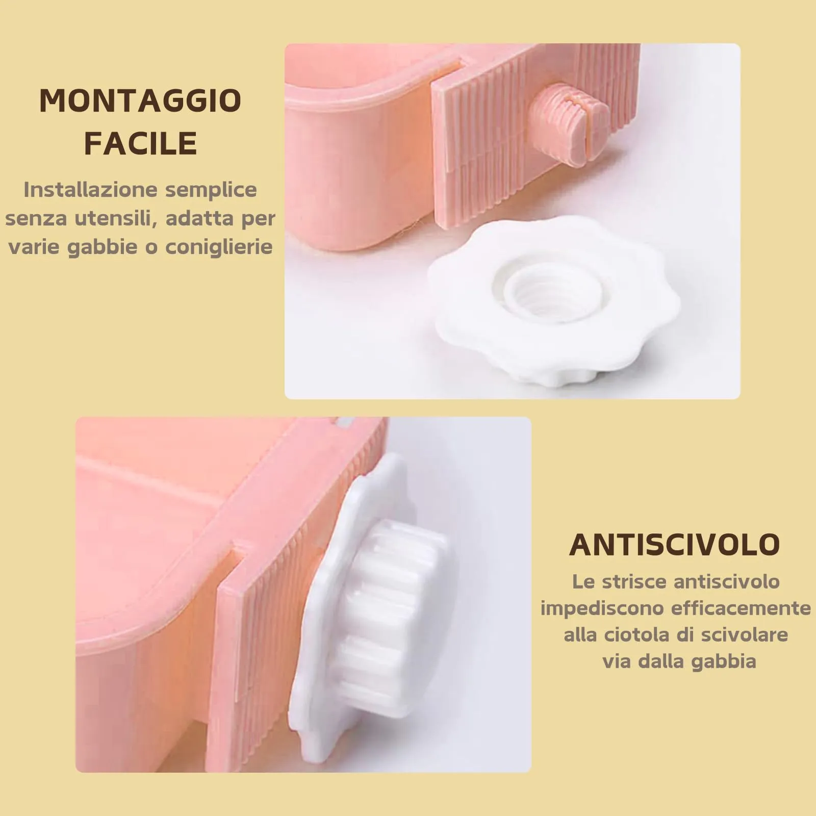 Ciotole da Appendere per Animali Domestici, 2 in 1 Rimovibile Acciaio Inox Ciotola, Gabbia Appendere Ciotole per Cani, Gatti, Coniglio, Criceto, Porcellino D'India, Furetto (Rosa) - immagine 3