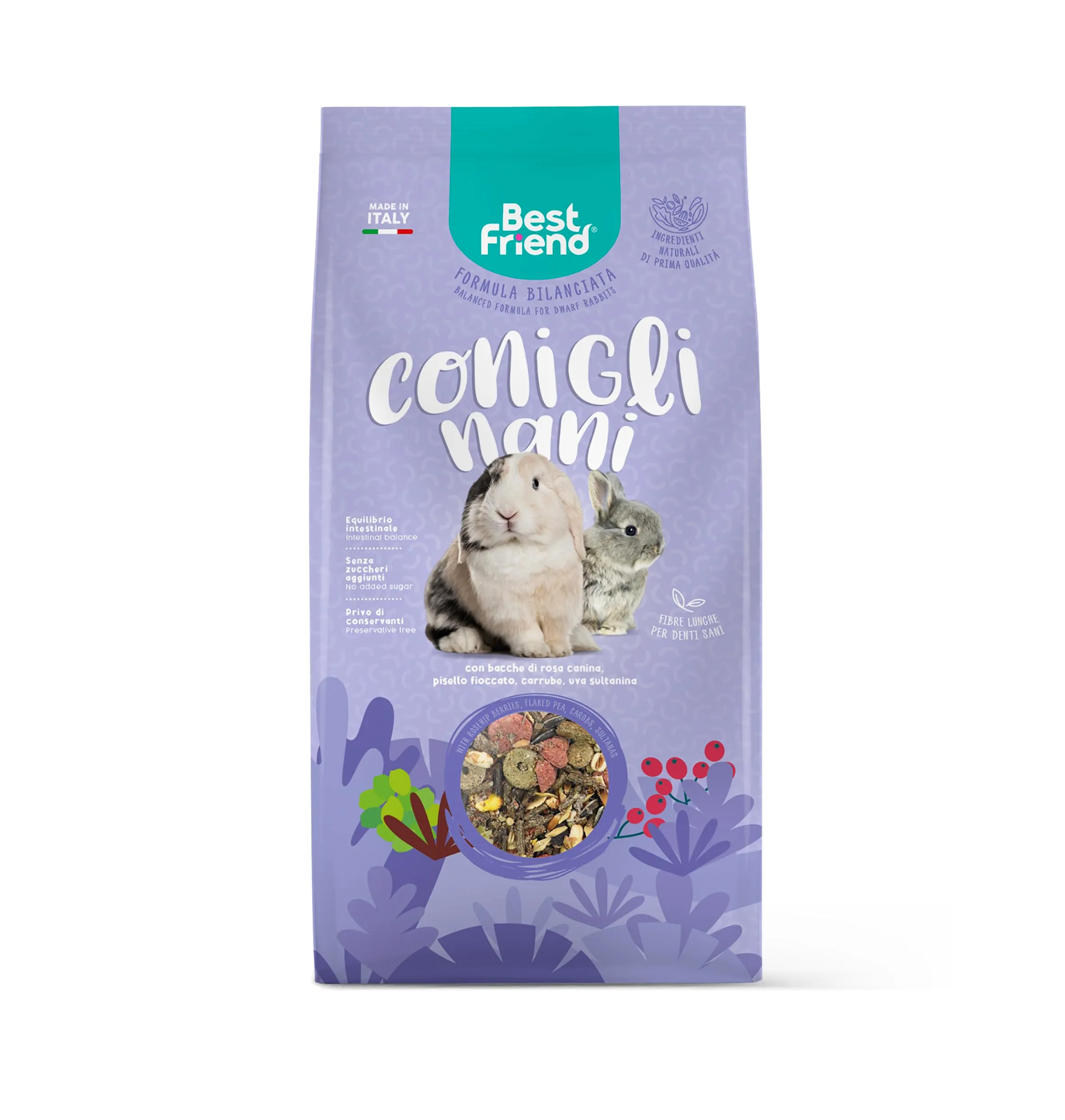 Best Friend Mangime Completo per Conigli Nani con Bacche di Rosa Canina, Pisello Fioccato, Carrube, Uva Sultanina. Mangime per Roditori con Ingredienti Naturali, Made in Italy| Confezione da 6 pacchi - immagine 2