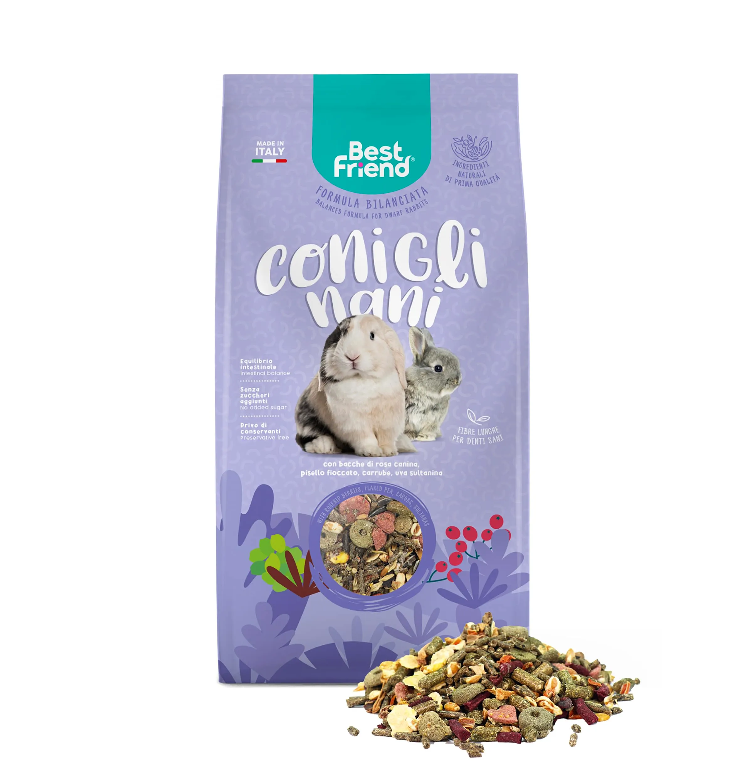 Best Friend Mangime Completo per Conigli Nani con Bacche di Rosa Canina, Pisello Fioccato, Carrube, Uva Sultanina. Mangime per Roditori con Ingredienti Naturali, Made in Italy| Confezione da 6 pacchi - immagine 3