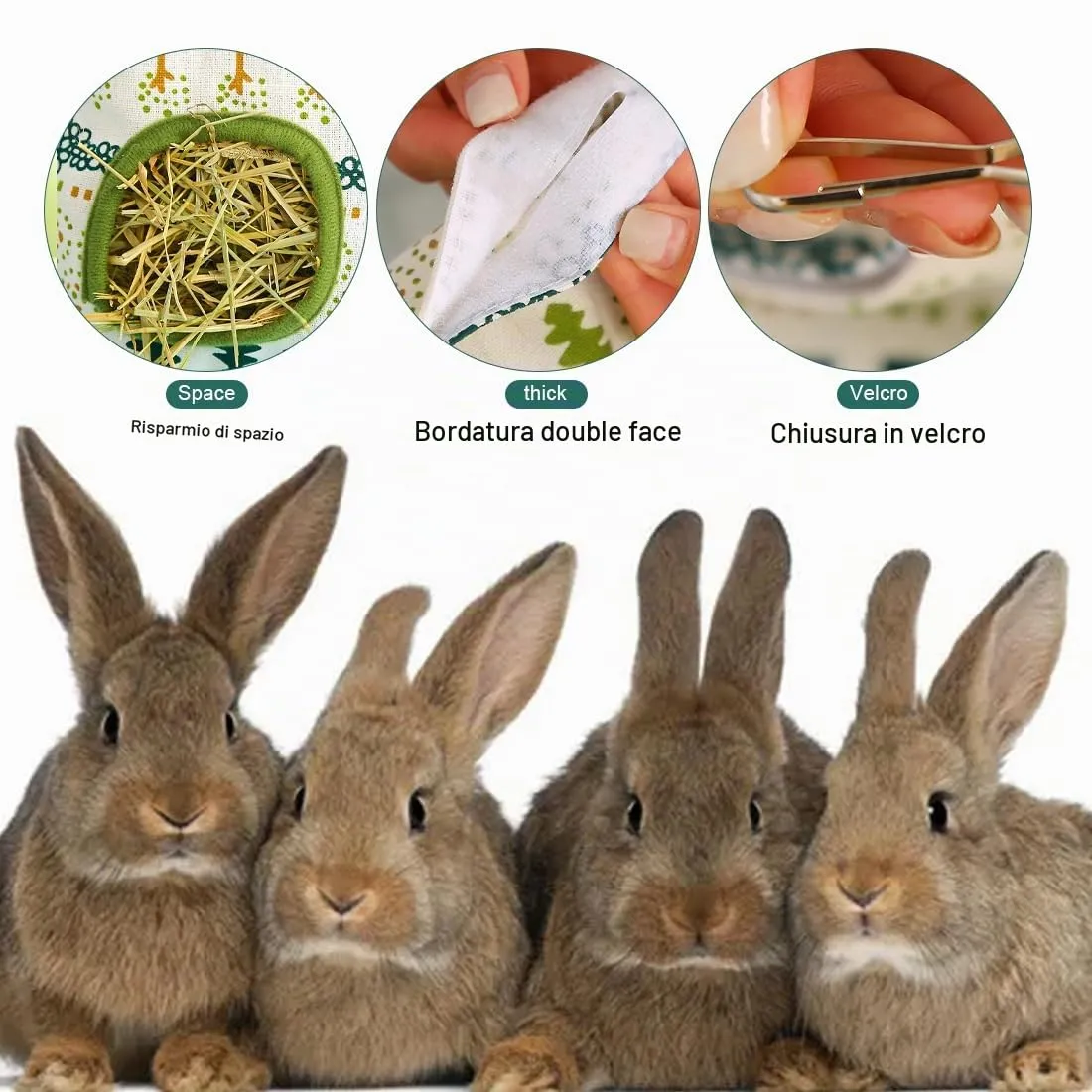 WeddHuis Sacchetti per Fieno in Tela, rastrelliere per Fieno, Sacchetti per l'alimentazione di Piccoli Animali, mangiatoie per Conigli (3 Fori) - immagine 3