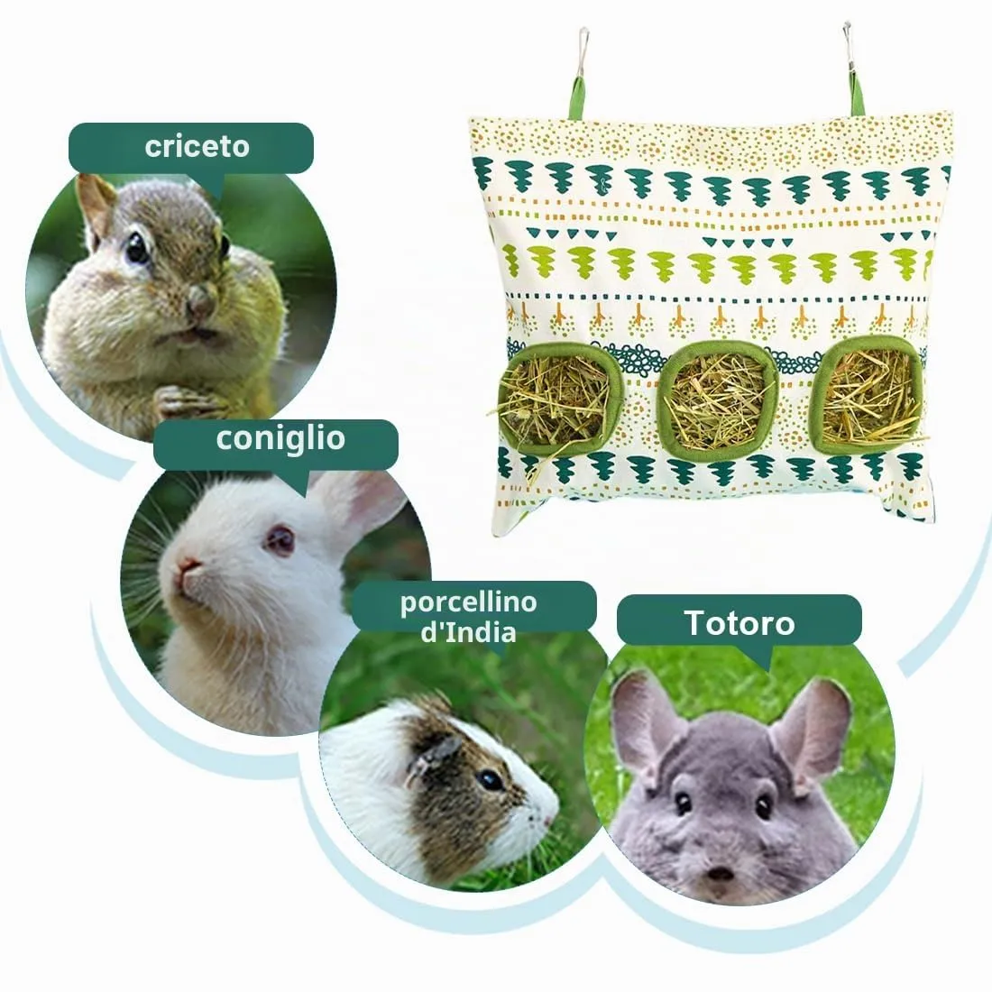 WeddHuis Sacchetti per Fieno in Tela, rastrelliere per Fieno, Sacchetti per l'alimentazione di Piccoli Animali, mangiatoie per Conigli (3 Fori) - immagine 5