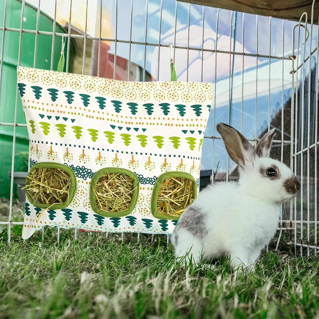 WeddHuis Sacchetti per Fieno in Tela, rastrelliere per Fieno, Sacchetti per l'alimentazione di Piccoli Animali, mangiatoie per Conigli (3 Fori) - immagine 6