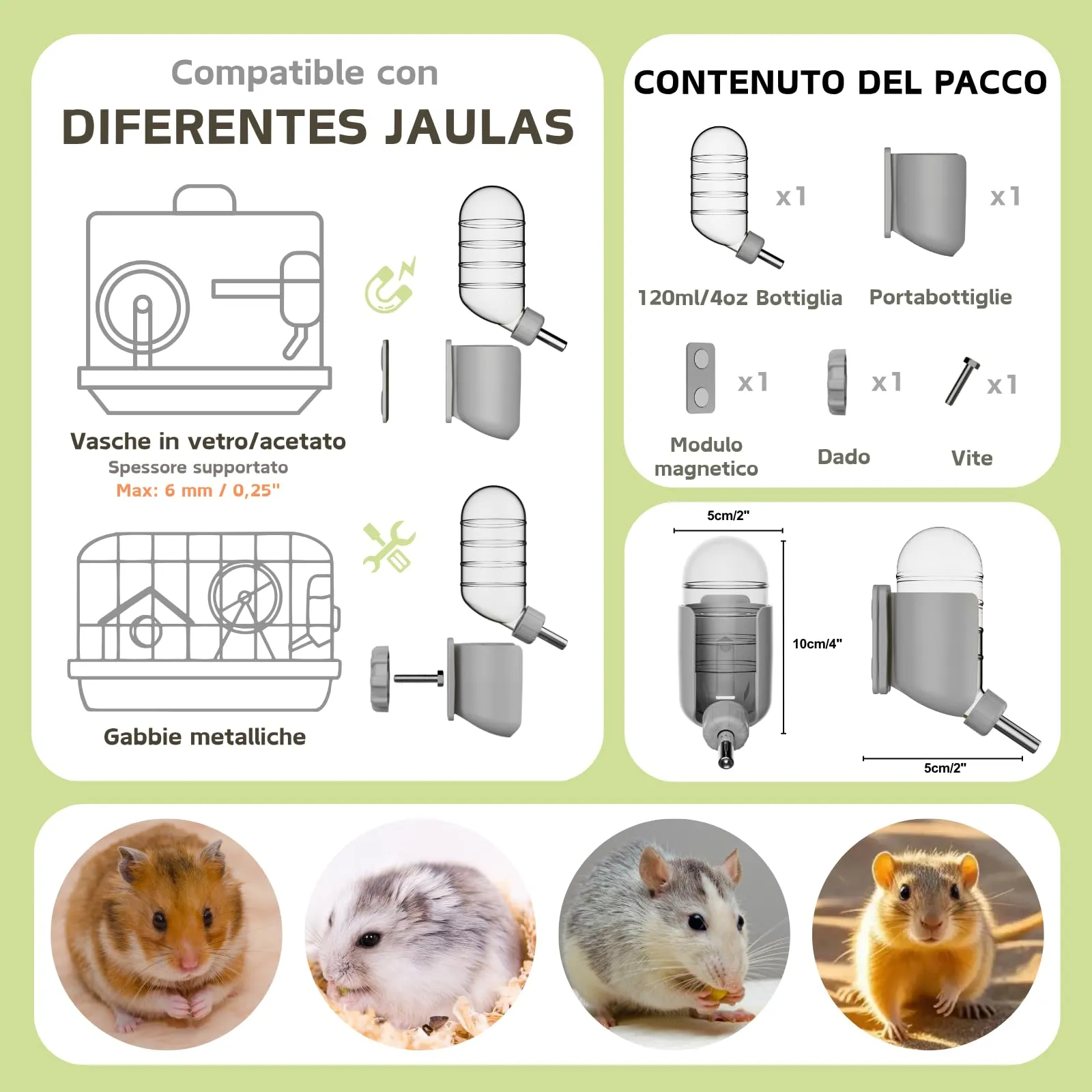 Bottiglia d'acqua per criceto con stent magnetici, supporto per bottiglie d'acqua per vasche in vetro, adatta per criceti siriani nani, gerbilli, topi, ratti, degus - immagine 3